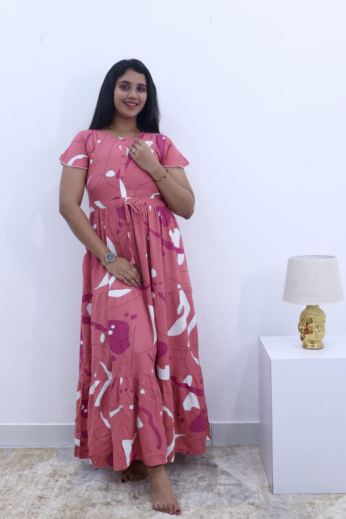 Imported Rayon Gathering Frock Model Night Gown's | Front Adjustable Gathering Style Rope Rope | Front Closed Button | Double Layer Sleeve | Trending Collection's for Stylish Women's (IRF)