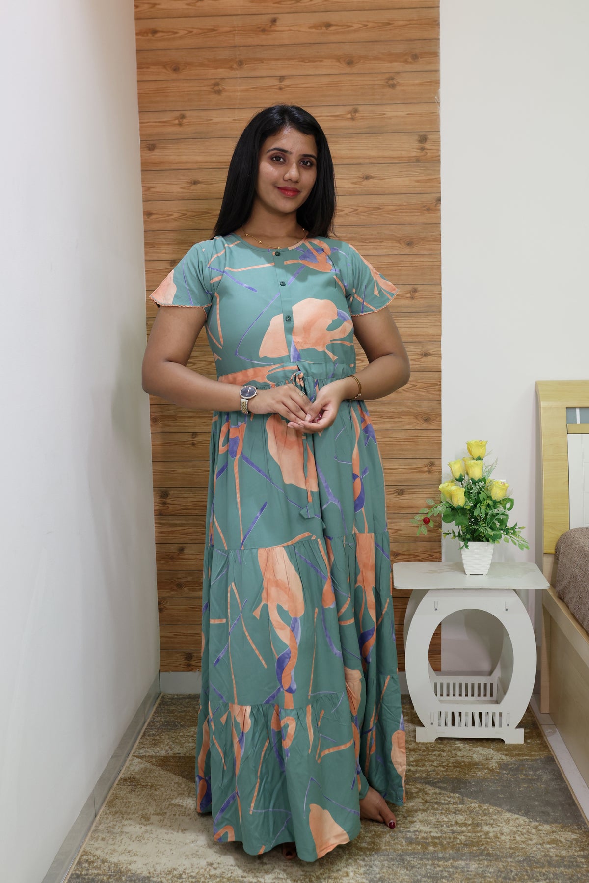 Imported Rayon Gathering Frock Model Night Gown's | Front Adjustable Gathering Style Rope Rope | Front Closed Button | Double Layer Sleeve | Trending Collection's for Stylish Women's (IRF)