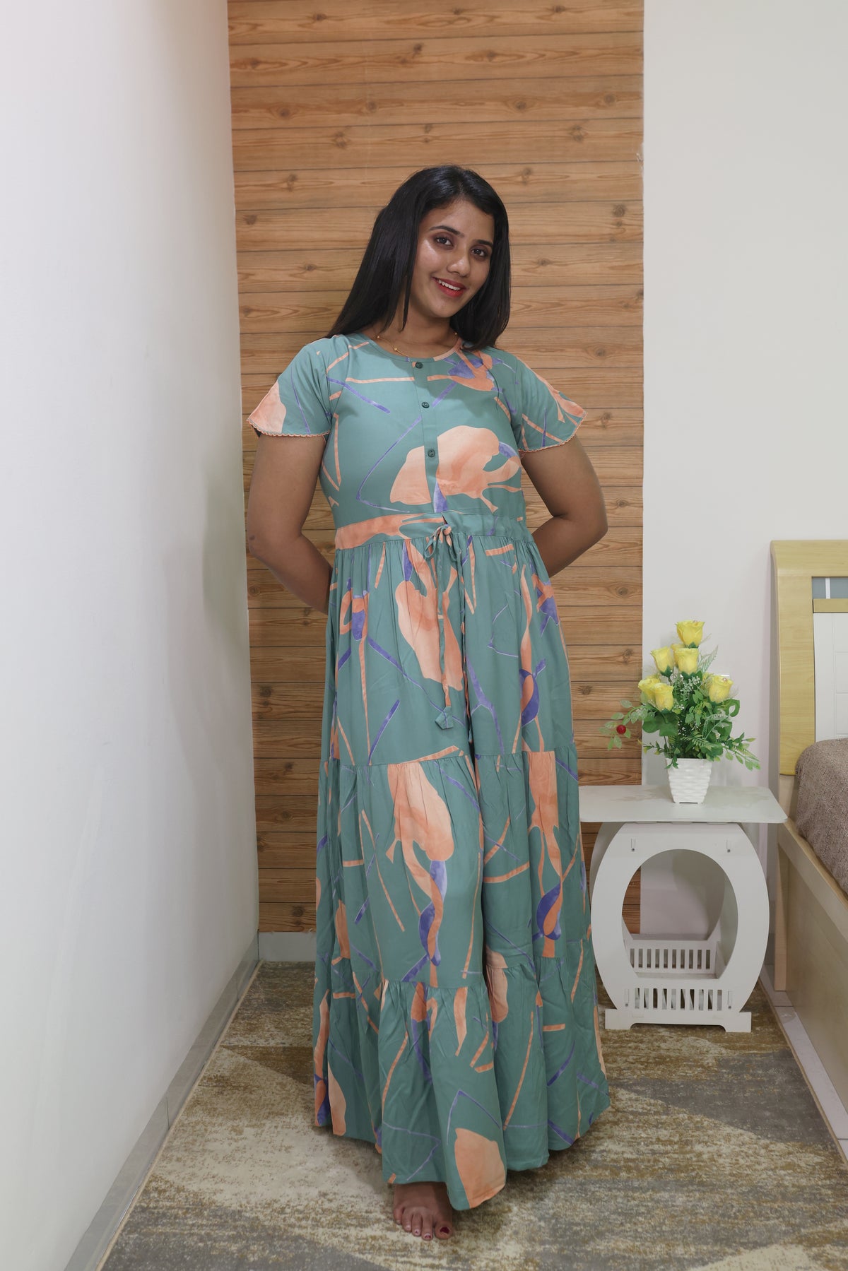 Imported Rayon Gathering Frock Model Night Gown's | Front Adjustable Gathering Style Rope Rope | Front Closed Button | Double Layer Sleeve | Trending Collection's for Stylish Women's (IRF)