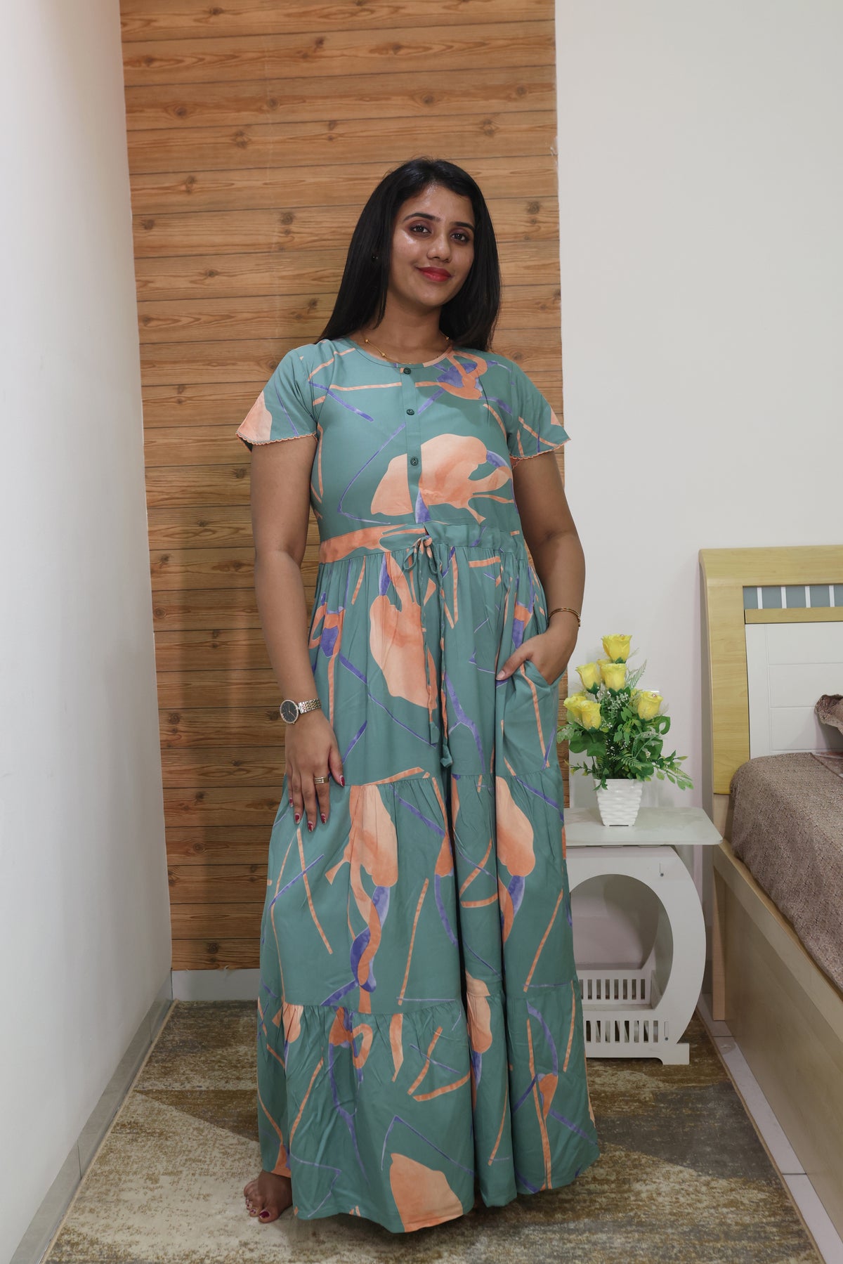 Imported Rayon Gathering Frock Model Night Gown's | Front Adjustable Gathering Style Rope Rope | Front Closed Button | Double Layer Sleeve | Trending Collection's for Stylish Women's (IRF)