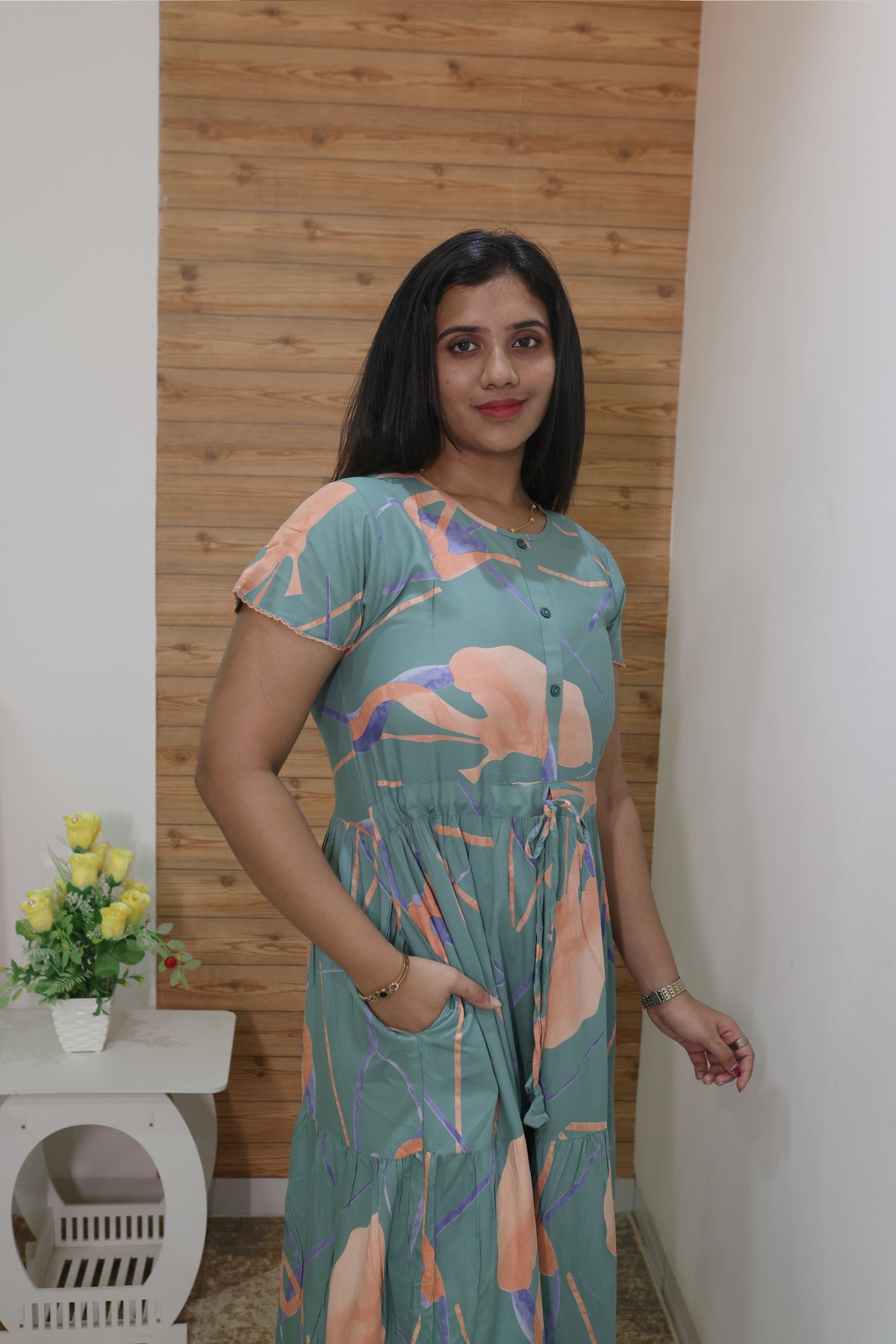 Imported Rayon Gathering Frock Model Night Gown's | Front Adjustable Gathering Style Rope Rope | Front Closed Button | Double Layer Sleeve | Trending Collection's for Stylish Women's (IRF)