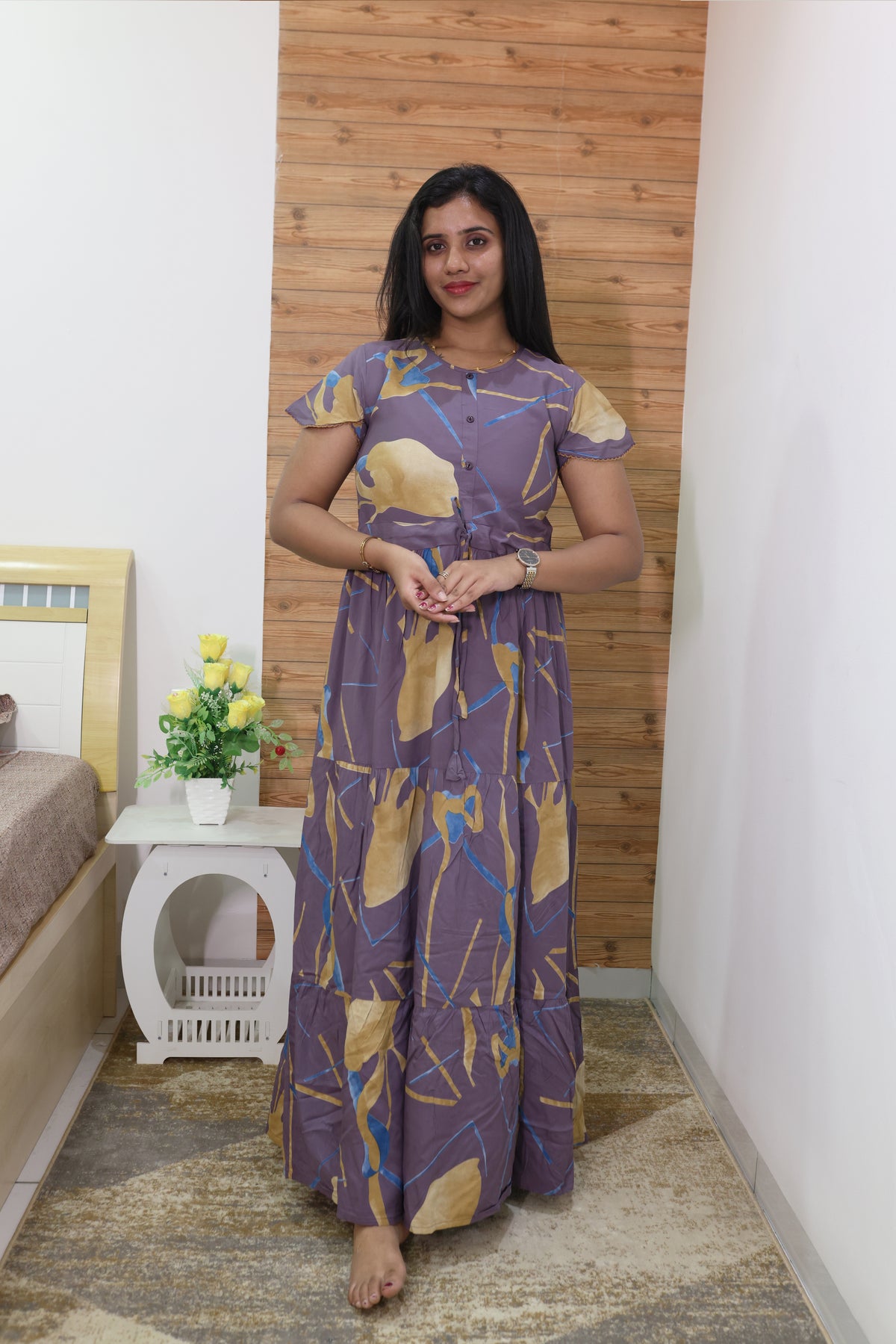 Imported Rayon Gathering Frock Model Night Gown's | Front Adjustable Gathering Style Rope Rope | Front Closed Button | Double Layer Sleeve | Trending Collection's for Stylish Women's (IRF)