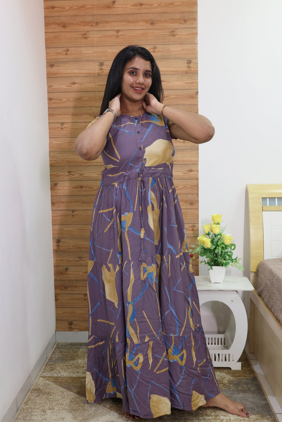 Imported Rayon Gathering Frock Model Night Gown's | Front Adjustable Gathering Style Rope Rope | Front Closed Button | Double Layer Sleeve | Trending Collection's for Stylish Women's (IRF)