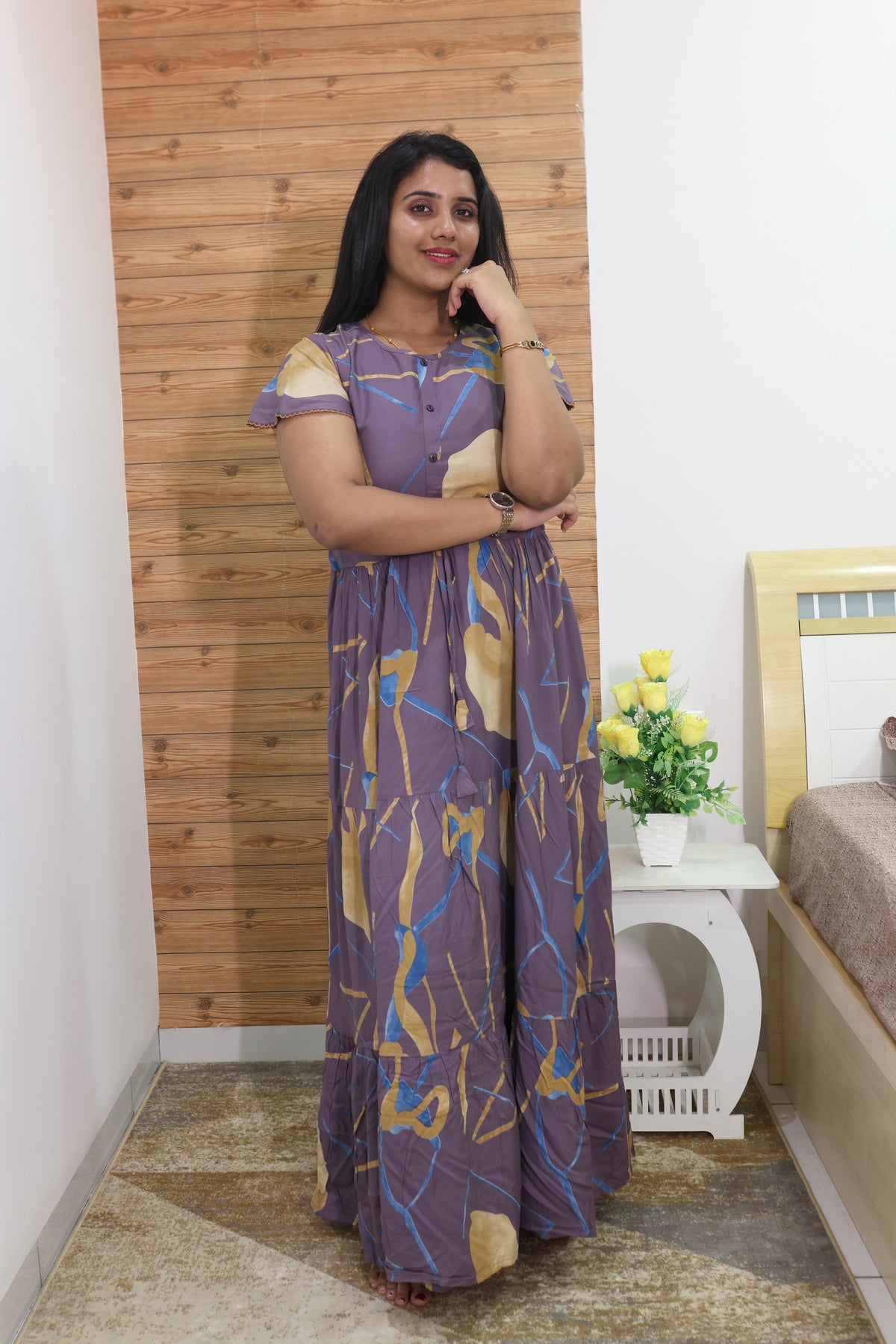 Imported Rayon Gathering Frock Model Night Gown's | Front Adjustable Gathering Style Rope Rope | Front Closed Button | Double Layer Sleeve | Trending Collection's for Stylish Women's (IRF)