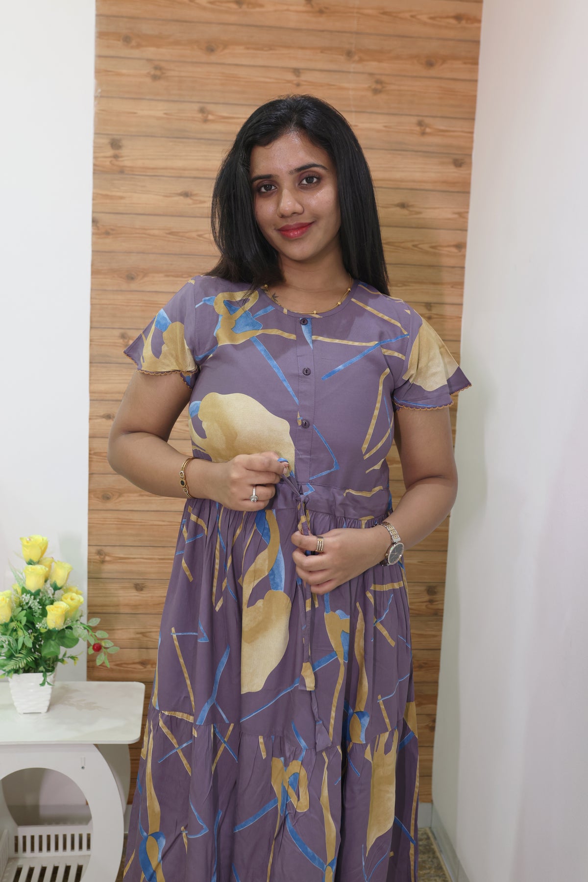 Imported Rayon Gathering Frock Model Night Gown's | Front Adjustable Gathering Style Rope Rope | Front Closed Button | Double Layer Sleeve | Trending Collection's for Stylish Women's (IRF)