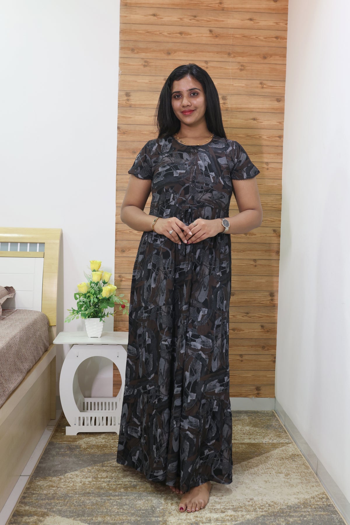 Imported Rayon Gathering Frock Model Night Gown's | Front Adjustable Gathering Style Rope Rope | Front Closed Button | Double Layer Sleeve | Trending Collection's for Stylish Women's (IRF)