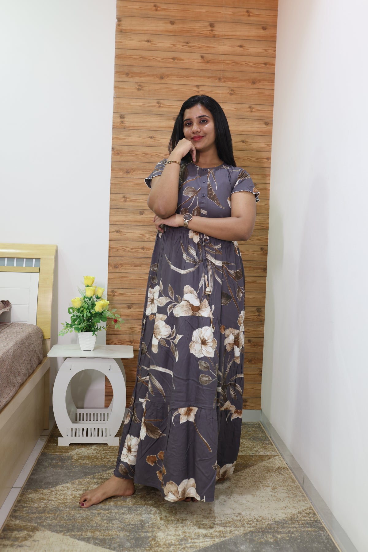 Imported Rayon Gathering Frock Model Night Gown's | Front Adjustable Gathering Style Rope Rope | Front Closed Button | Double Layer Sleeve | Trending Collection's for Stylish Women's (IRF)
