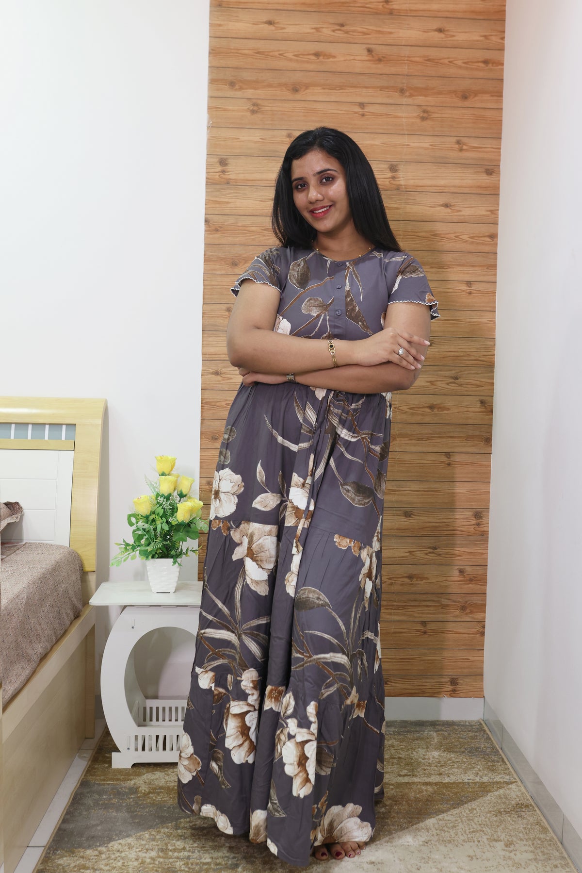 Imported Rayon Gathering Frock Model Night Gown's | Front Adjustable Gathering Style Rope Rope | Front Closed Button | Double Layer Sleeve | Trending Collection's for Stylish Women's (IRF)