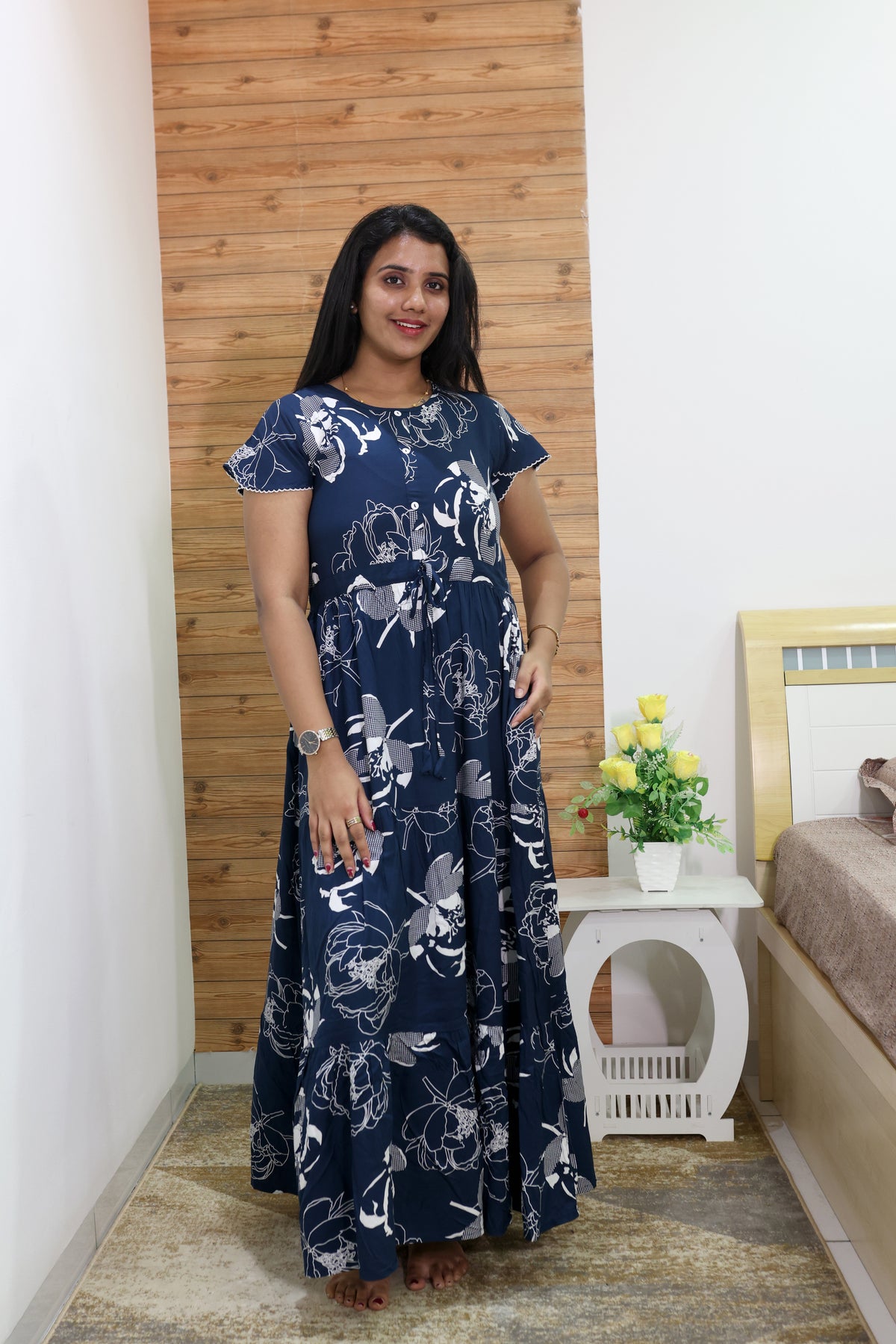 Imported Rayon Gathering Frock Model Night Gown's | Front Adjustable Gathering Style Rope Rope | Front Closed Button | Double Layer Sleeve | Trending Collection's for Stylish Women's (IRF)