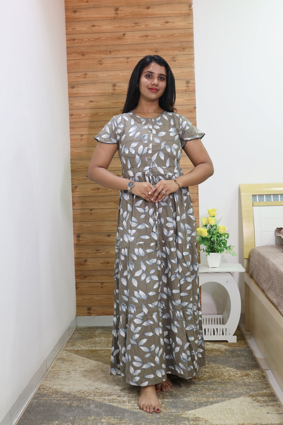 Imported Rayon Gathering Frock Model Night Gown's | Front Adjustable Gathering Style Rope Rope | Front Closed Button | Double Layer Sleeve | Trending Collection's for Stylish Women's (IRF)