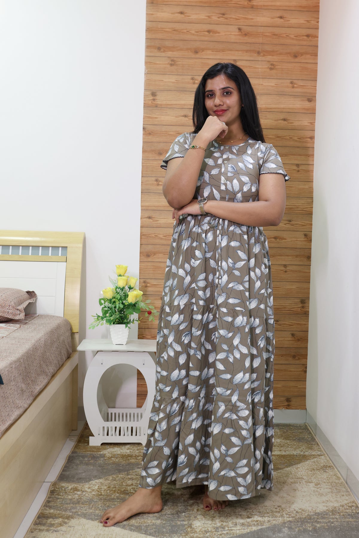 Imported Rayon Gathering Frock Model Night Gown's | Front Adjustable Gathering Style Rope Rope | Front Closed Button | Double Layer Sleeve | Trending Collection's for Stylish Women's (IRF)