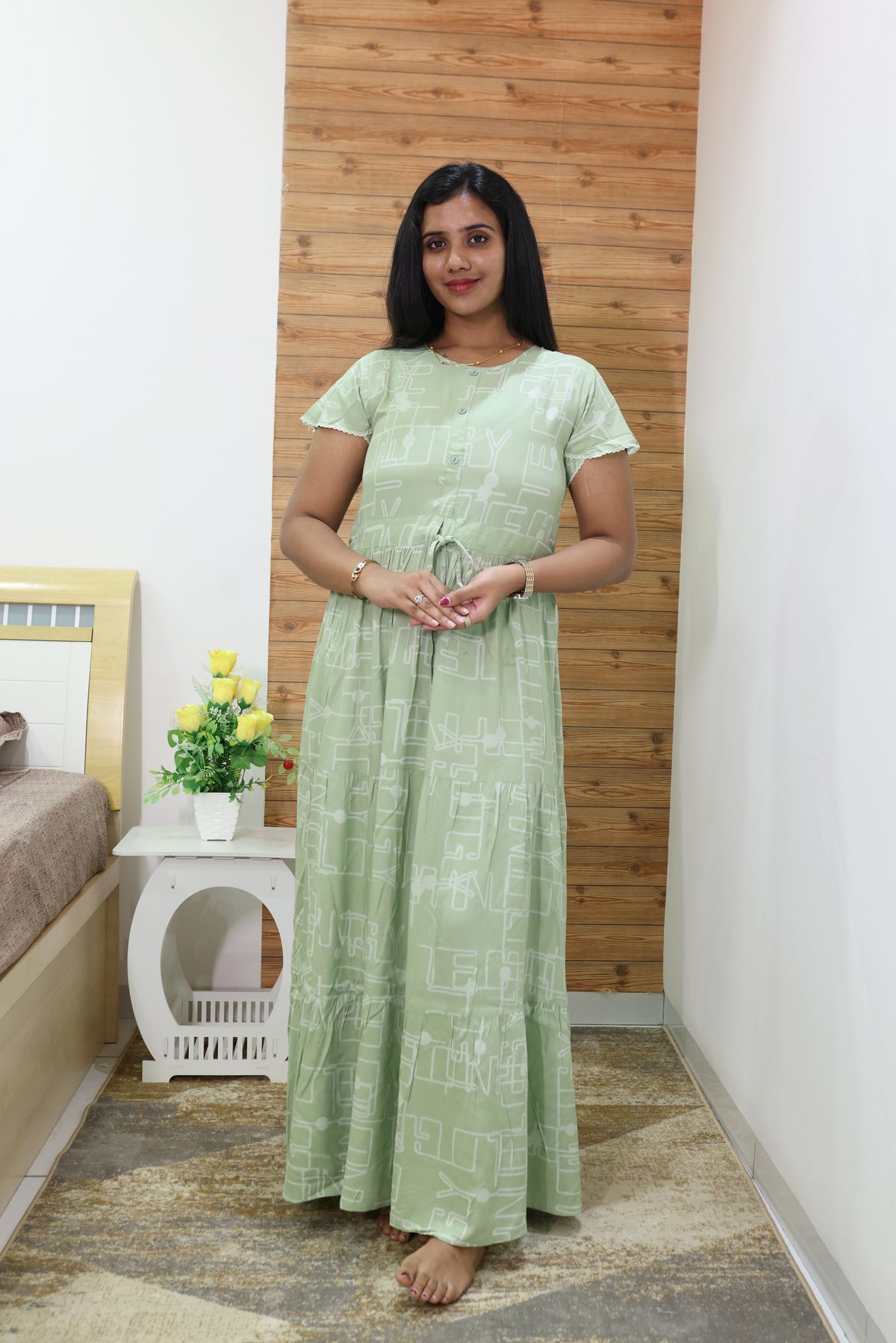 Imported Rayon Gathering Frock Model Night Gown's | Front Adjustable Gathering Style Rope Rope | Front Closed Button | Double Layer Sleeve | Trending Collection's for Stylish Women's (IRF)
