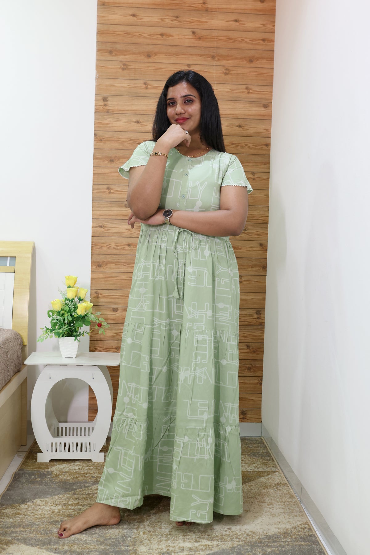 Imported Rayon Gathering Frock Model Night Gown's | Front Adjustable Gathering Style Rope Rope | Front Closed Button | Double Layer Sleeve | Trending Collection's for Stylish Women's (IRF)