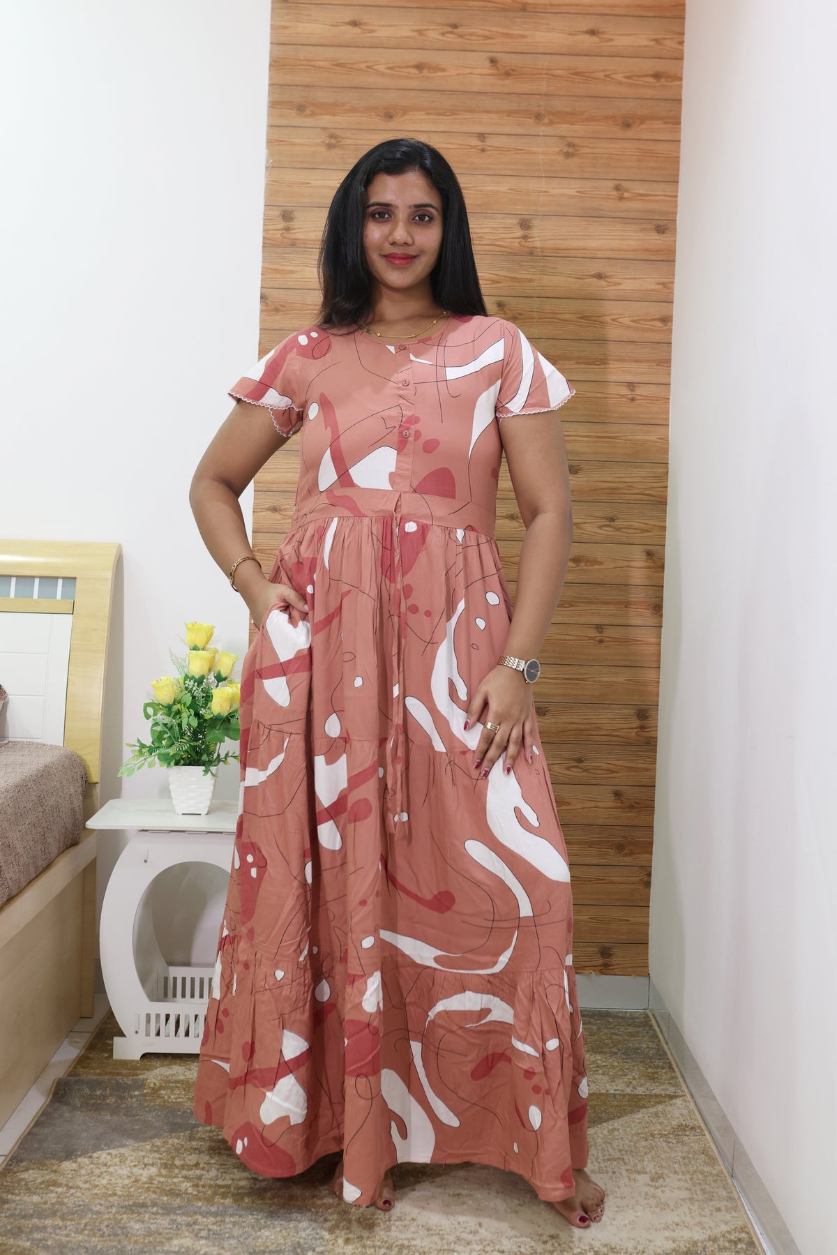 Imported Rayon Gathering Frock Model Night Gown's | Front Adjustable Gathering Style Rope Rope | Front Closed Button | Double Layer Sleeve | Trending Collection's for Stylish Women's (IRF)