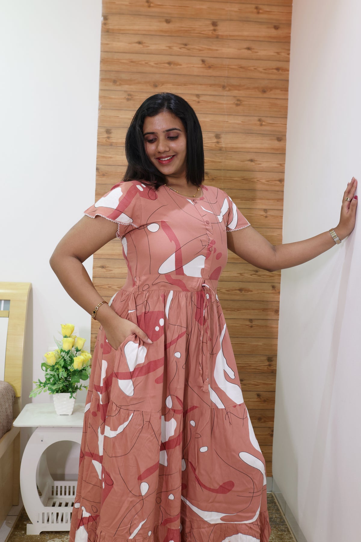 Imported Rayon Gathering Frock Model Night Gown's | Front Adjustable Gathering Style Rope Rope | Front Closed Button | Double Layer Sleeve | Trending Collection's for Stylish Women's (IRF)