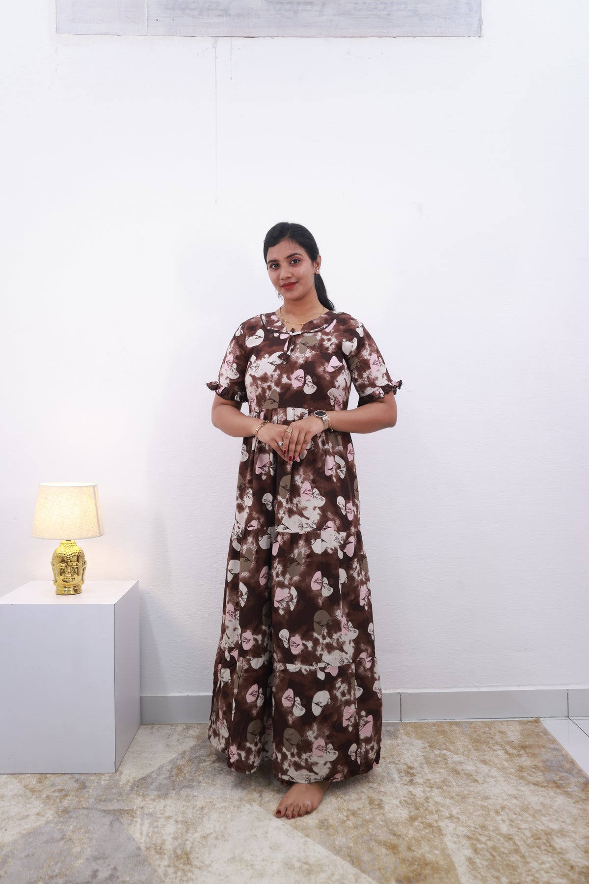 Mangai 3 Layer Frock Model Nighties Soft and smooth Premium Quality Rayon Material , Fancy Frilled Sleeve Side Pocket , Back tie Rope Stylish Collection's for Trendy Women's (MRK)