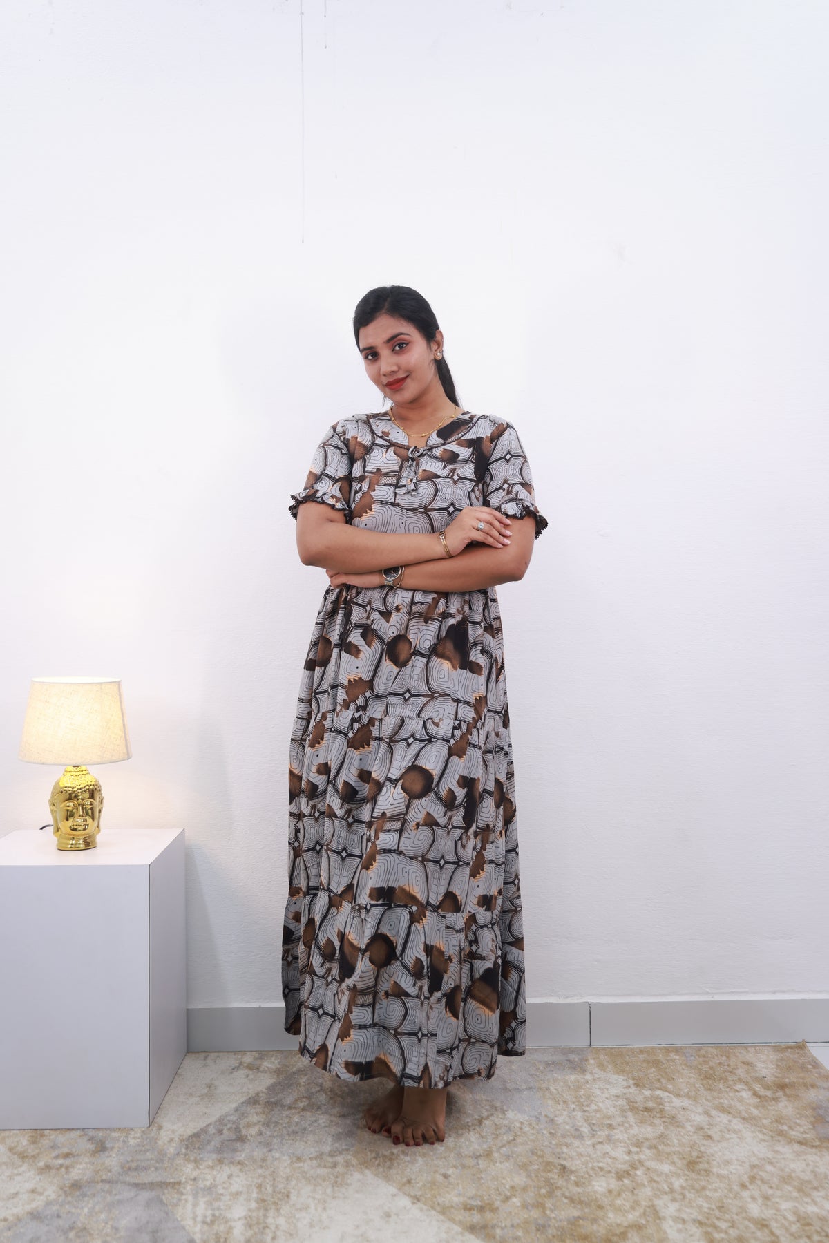 Mangai 3 Layer Frock Model Nighties Soft and Smooth Premium Quality Rayon Material , Fancy Frilled Sleeve Side Pocket , Back tie Rope Stylish Collection's for Trendy Women's (MRK)