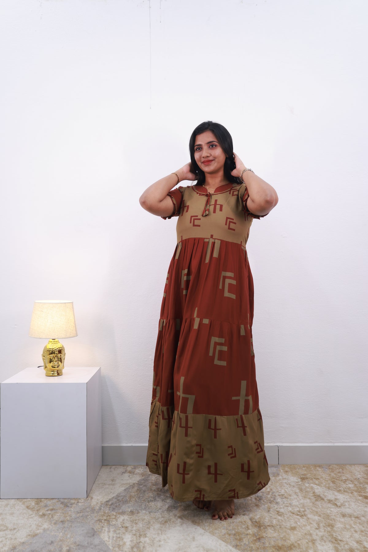 Mangai 3 Layer Reversible Design Frock Model Nighties Soft and Smooth Premium Quality Rayon Material , Fancy Frilled Sleeve, Side Pocket , Back tie Rope , Stylish Collection's for Trendy Women's (MRK)