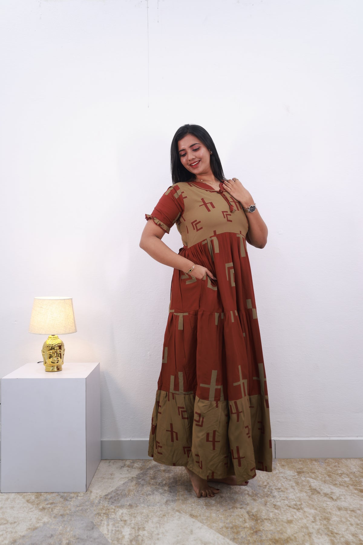 Mangai 3 Layer Reversible Design Frock Model Nighties Soft and Smooth Premium Quality Rayon Material , Fancy Frilled Sleeve, Side Pocket , Back tie Rope , Stylish Collection's for Trendy Women's (MRK)