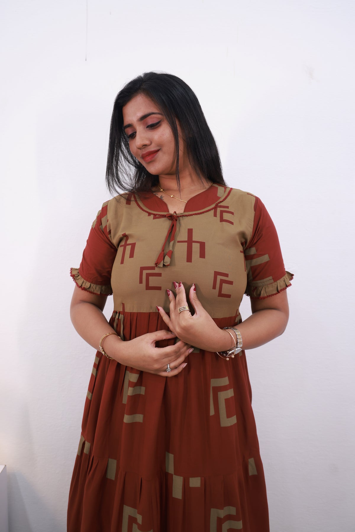 Mangai 3 Layer Reversible Design Frock Model Nighties Soft and Smooth Premium Quality Rayon Material , Fancy Frilled Sleeve, Side Pocket , Back tie Rope , Stylish Collection's for Trendy Women's (MRK)
