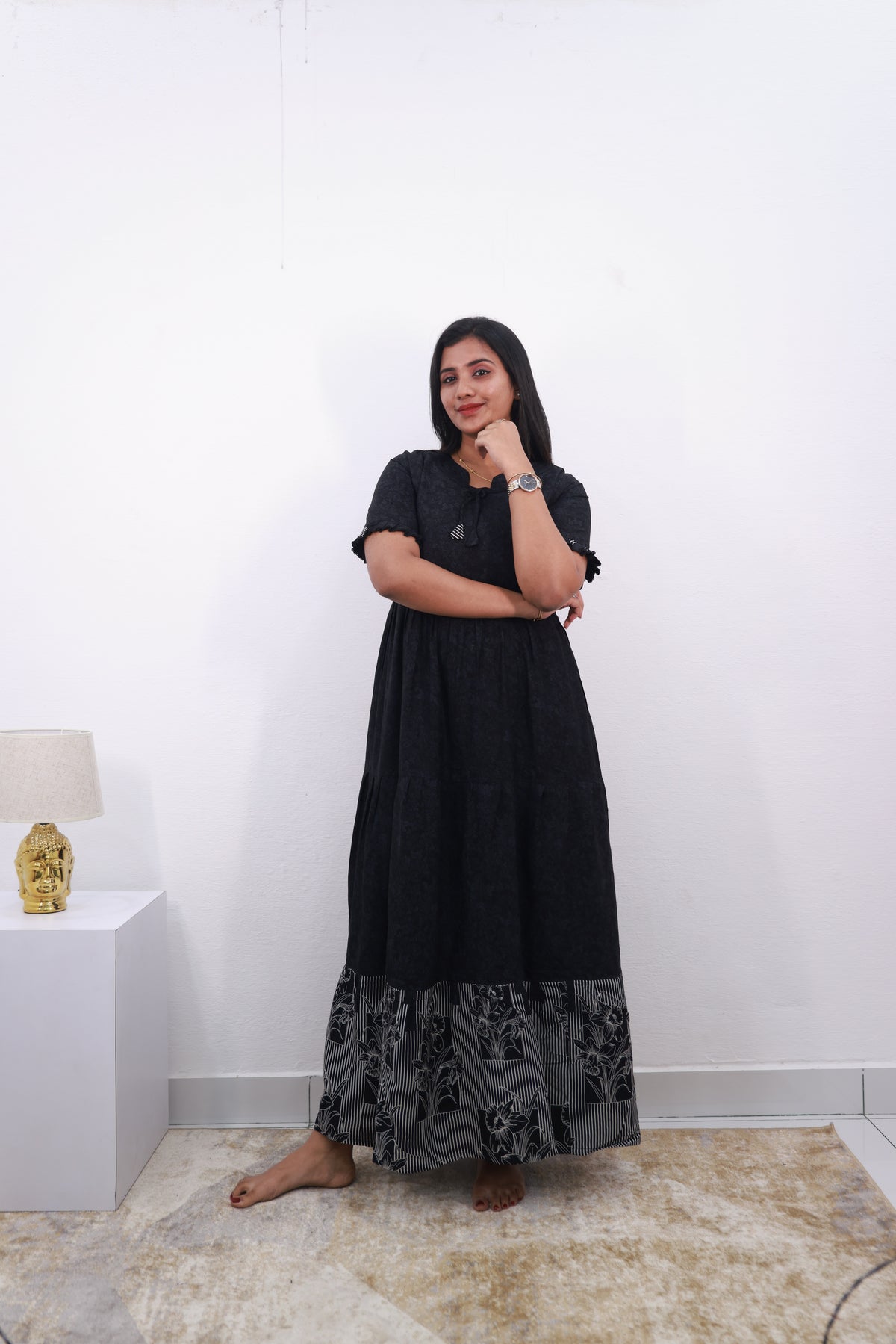 Mangai 3 Layer Frock Model Nighties Soft and Smooth Premium Quality Rayon Material , Fancy Frilled Sleeve, Side Pocket , Back tie Rope , Stylish Collection's for Trendy Women's (MRK)