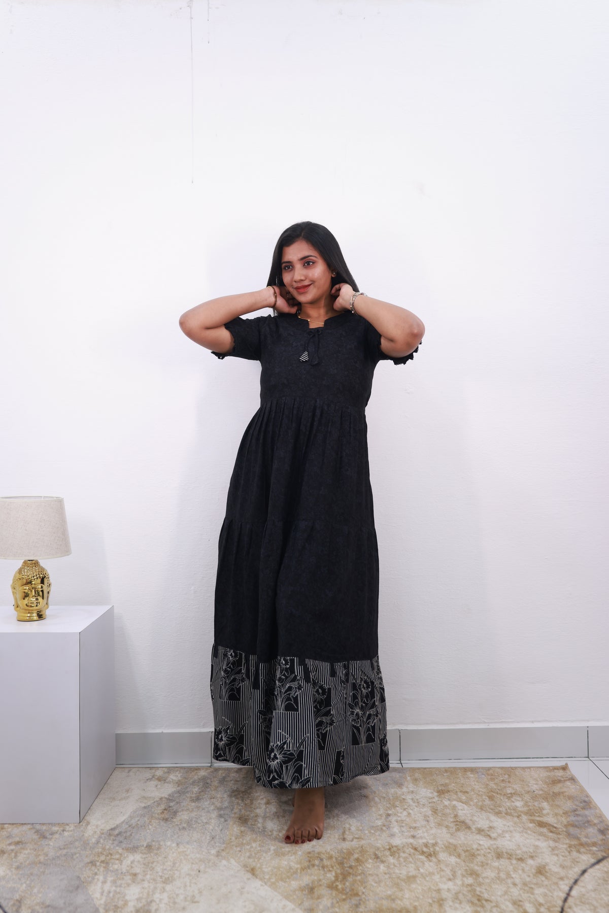 Mangai 3 Layer Frock Model Nighties Soft and Smooth Premium Quality Rayon Material , Fancy Frilled Sleeve, Side Pocket , Back tie Rope , Stylish Collection's for Trendy Women's (MRK)