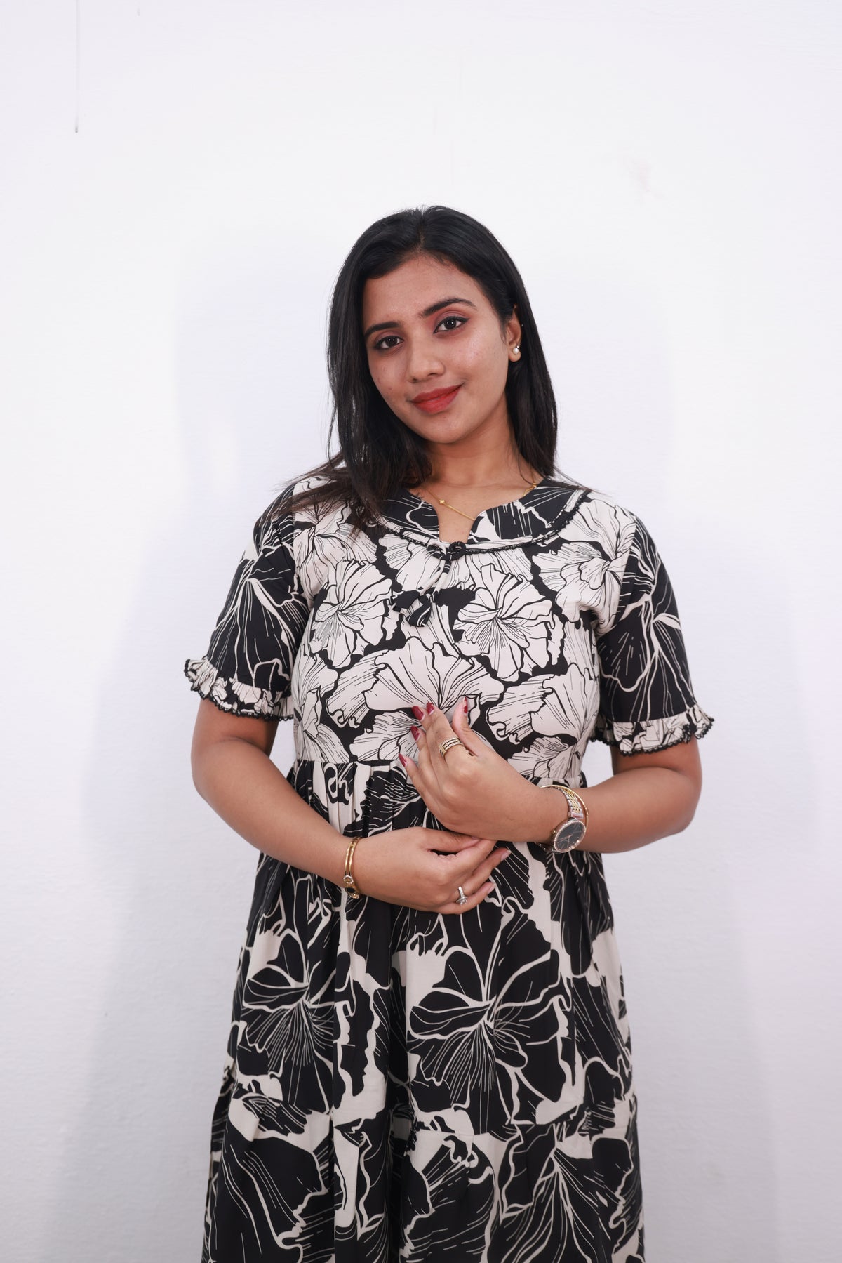 Mangai 3 Layer Reversible Design Frock Model Nighties Soft and Smooth Premium Quality Rayon Material , Fancy Frilled Sleeve, Side Pocket , Back tie Rope , Stylish Collection's for Trendy Women's (MRK)