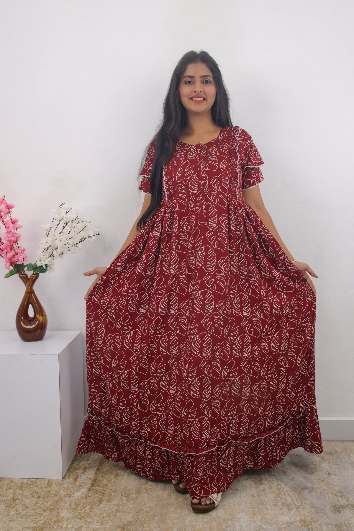 MANGAI Rayon Frock Nighties | Front Open Lengthy Zipper Comforts Feeding | Fancy Double Layered Sleeve's | Post & Pre Pregnancy's and Casual Wear | Side Pocket |Versatile Rayon Frock Night Gown's for Stylish Women's (RPW)