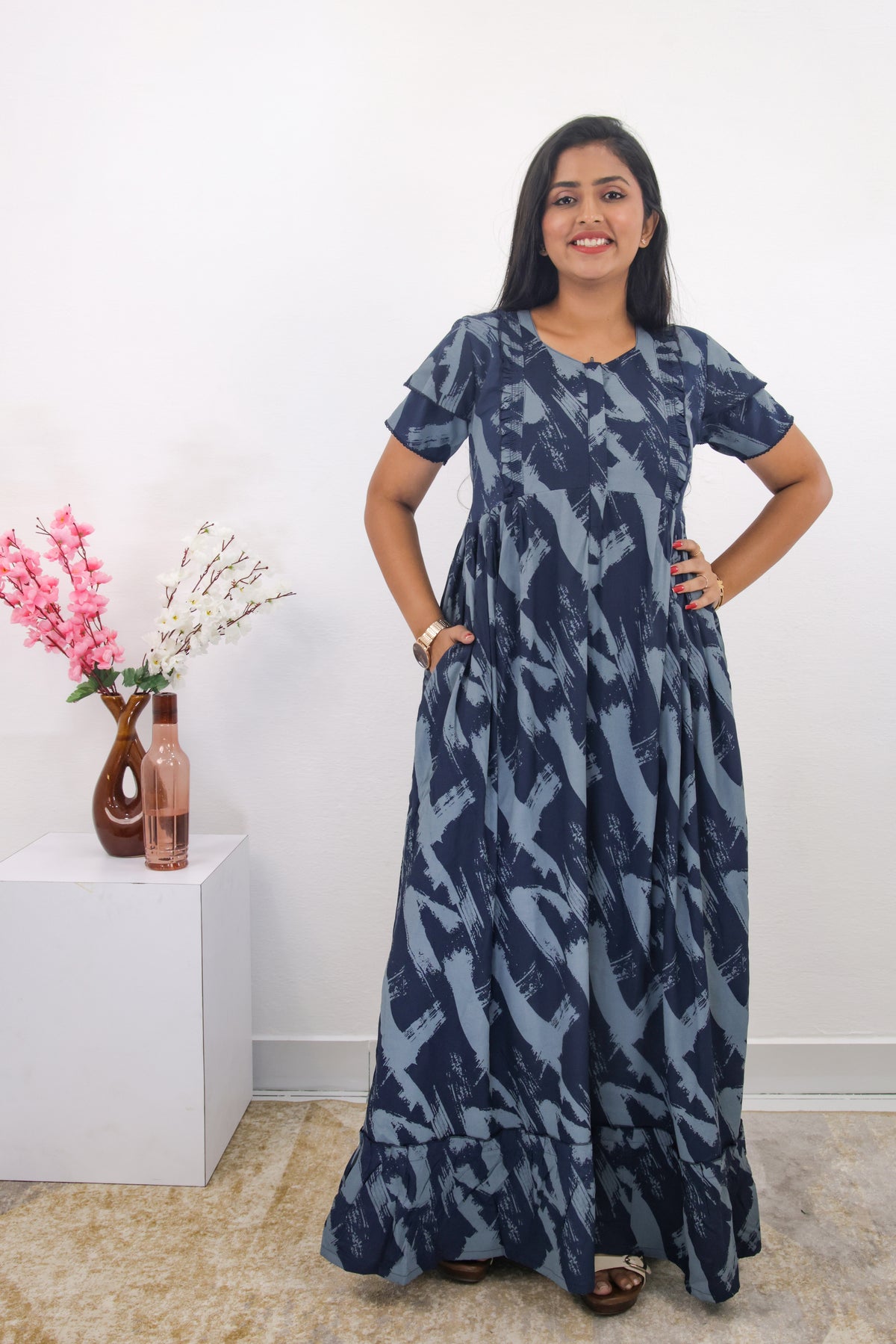 MANGAI Rayon Frock Nighties | Front Open Lengthy Zipper Comforts Feeding | Fancy Double Layered Sleeve's | Post & Pre Pregnancy's and Casual Wear | Side Pocket |Versatile Rayon Frock Night Gown's for Stylish Women's (RPW)