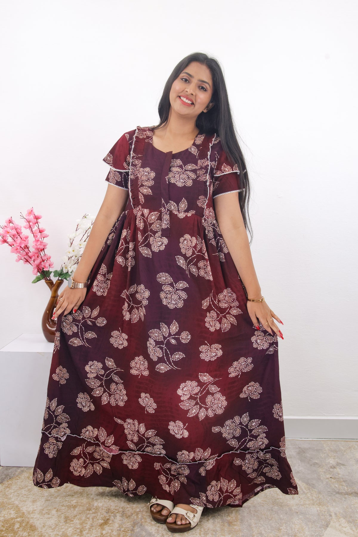 MANGAI Rayon Frock Nighties | Front Open Lengthy Zipper Comforts Feeding | Fancy Double Layered Sleeve's | Post & Pre Pregnancy's and Casual Wear | Side Pocket |Versatile Rayon Frock Night Gown's for Stylish Women's (RPW)