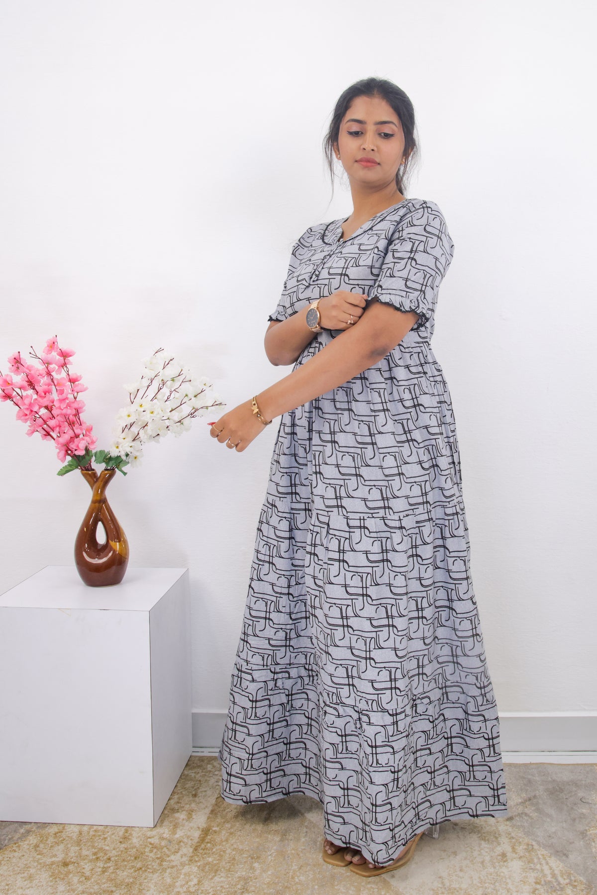 Mangai 3 Layer Frock Model Nighties Soft and Smooth Premium Quality Rayon Material , Fancy Frilled Sleeve, Side Pocket , Back tie Rope , Stylish Collection's for Trendy Women's (MRK)