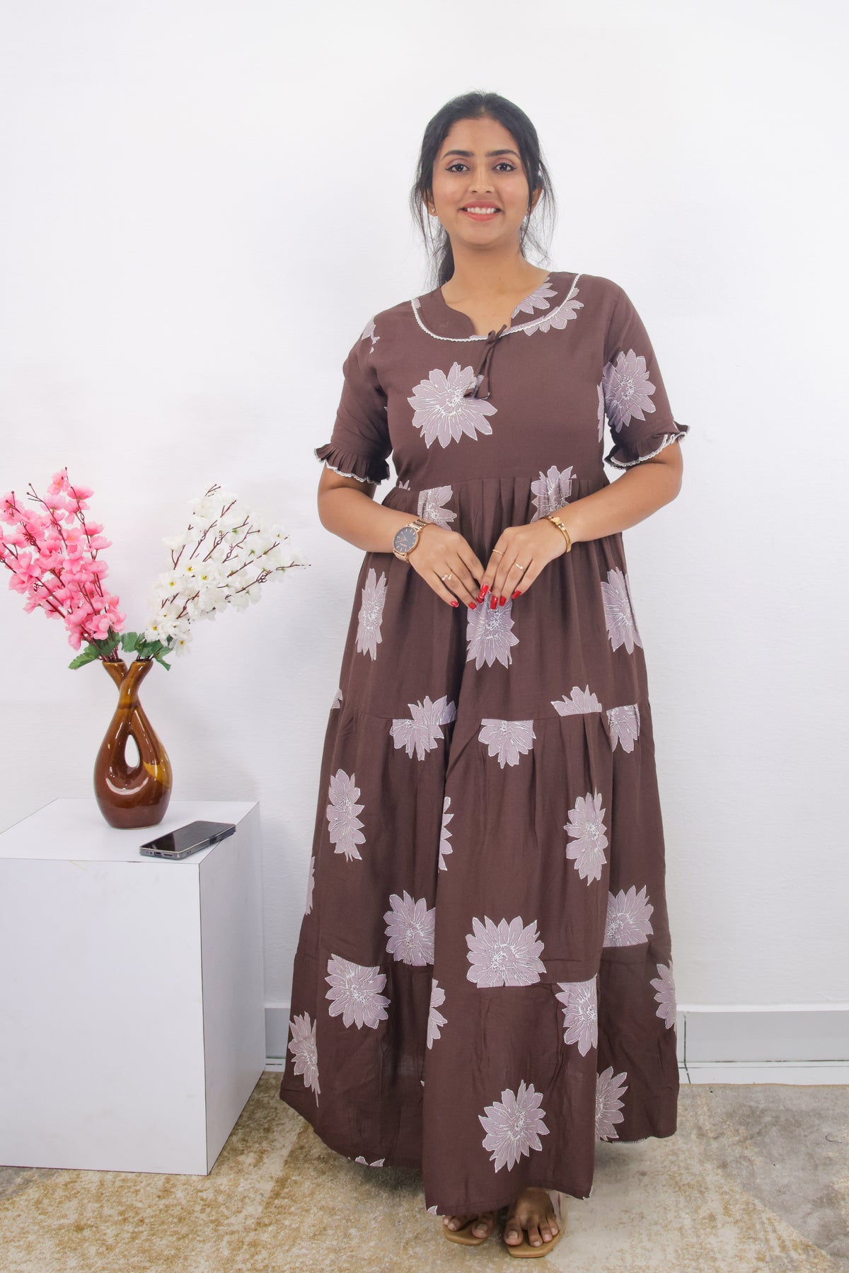 Mangai 3 Layer Frock Model Nighties Soft and Smooth Premium Quality Rayon Material , Fancy Frilled Sleeve, Side Pocket , Back tie Rope , Stylish Collection's for Trendy Women's (MRK)