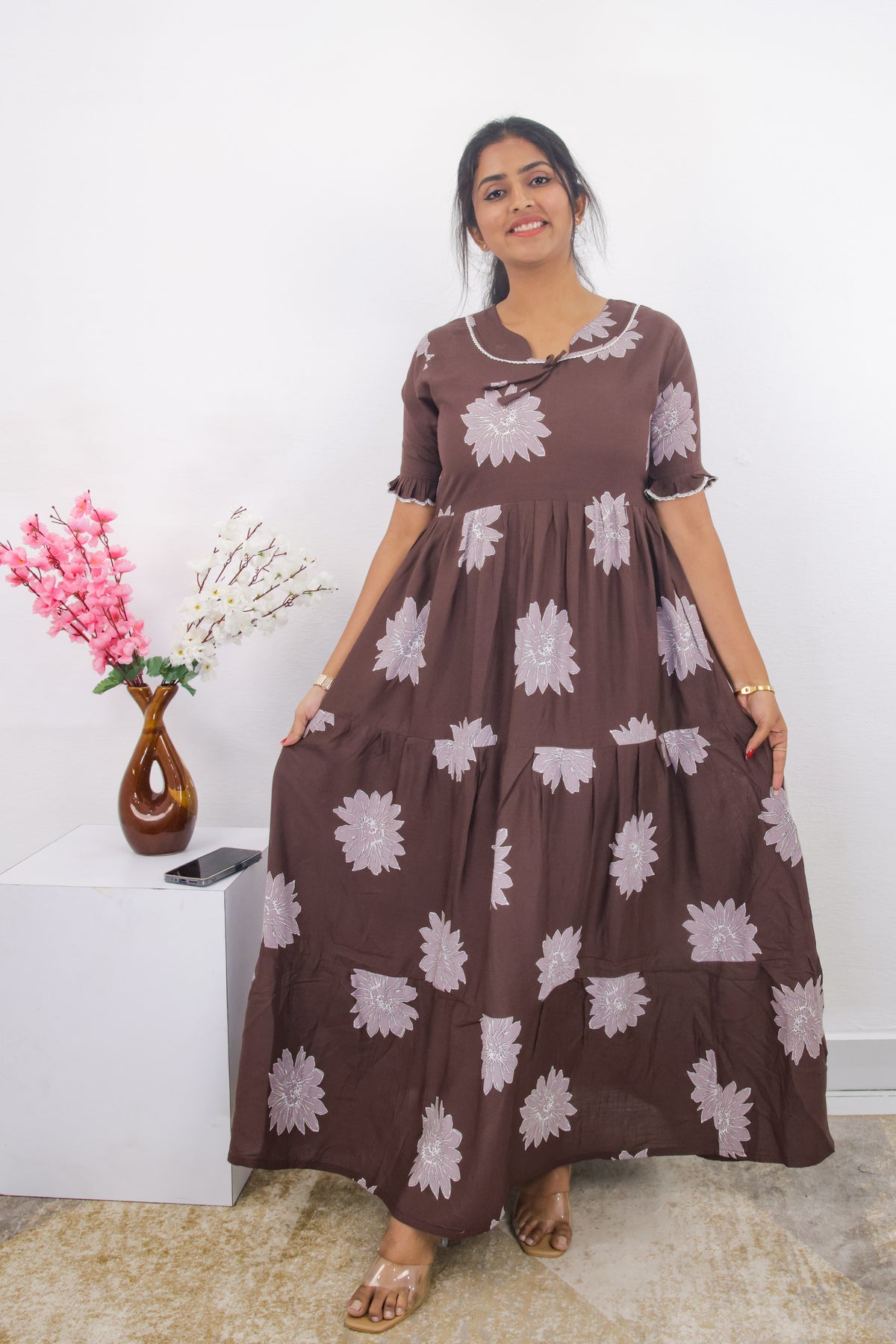 Mangai 3 Layer Frock Model Nighties Soft and Smooth Premium Quality Rayon Material , Fancy Frilled Sleeve, Side Pocket , Back tie Rope , Stylish Collection's for Trendy Women's (MRK)