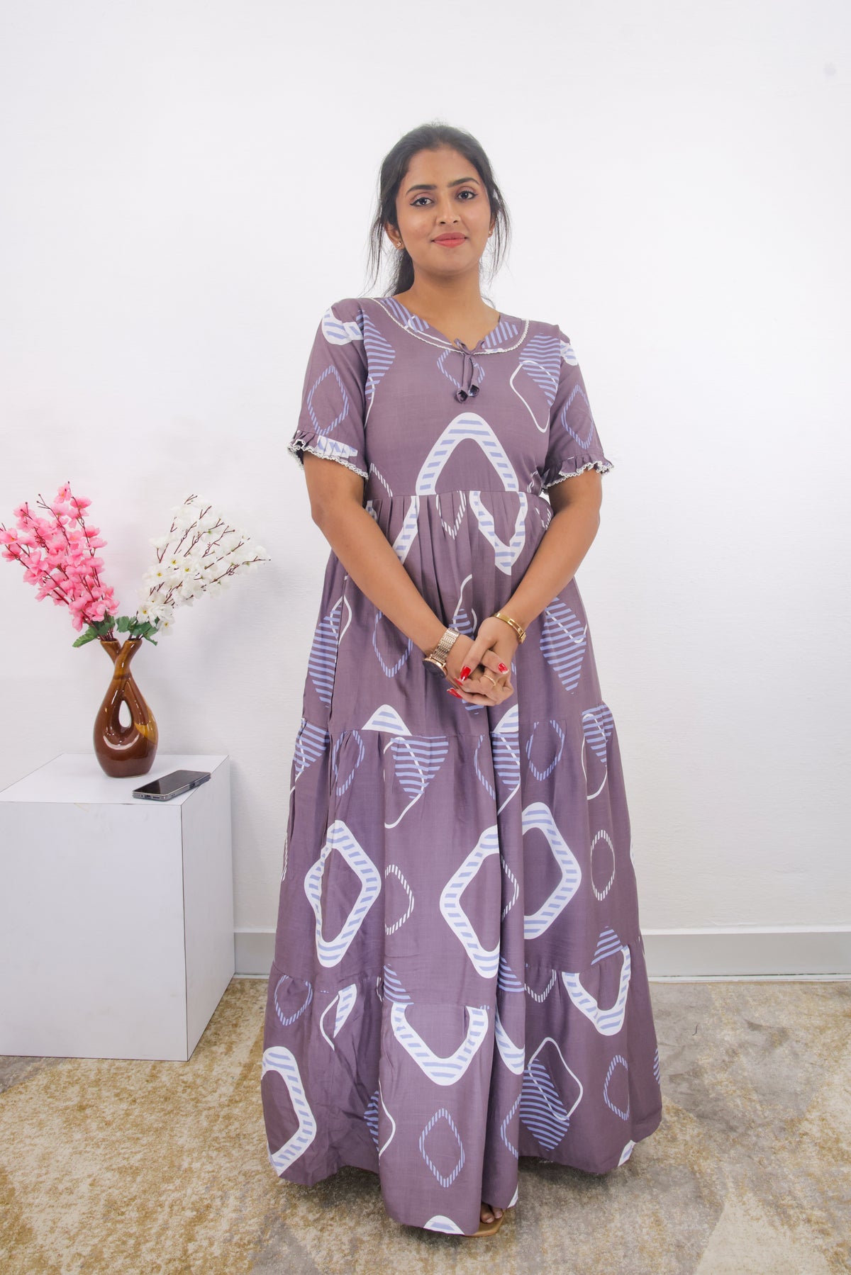 Mangai 3 Layer Frock Model Nighties Soft and Smooth Premium Quality Rayon Material , Fancy Frilled Sleeve, Side Pocket , Back tie Rope , Stylish Collection's for Trendy Women's (MRK)