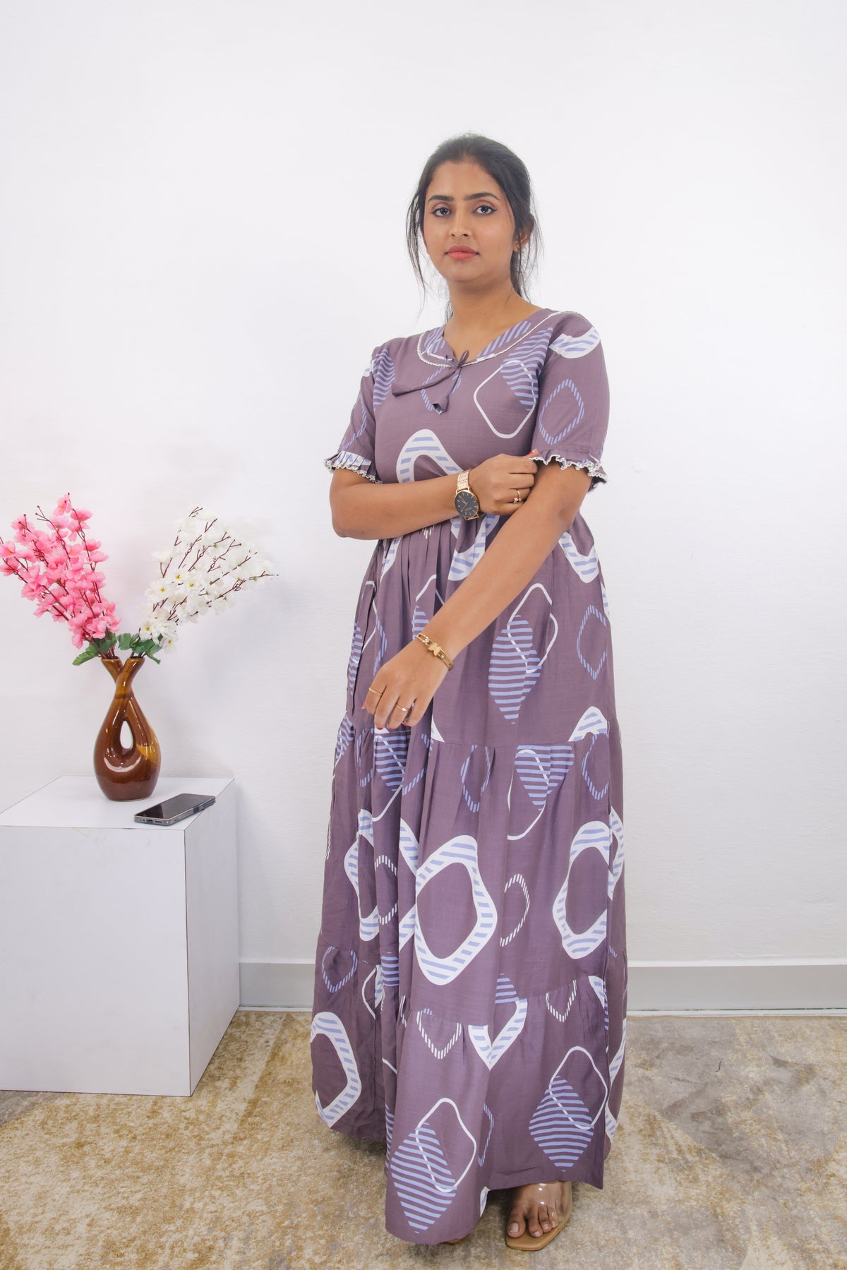 Mangai 3 Layer Frock Model Nighties Soft and Smooth Premium Quality Rayon Material , Fancy Frilled Sleeve, Side Pocket , Back tie Rope , Stylish Collection's for Trendy Women's (MRK)