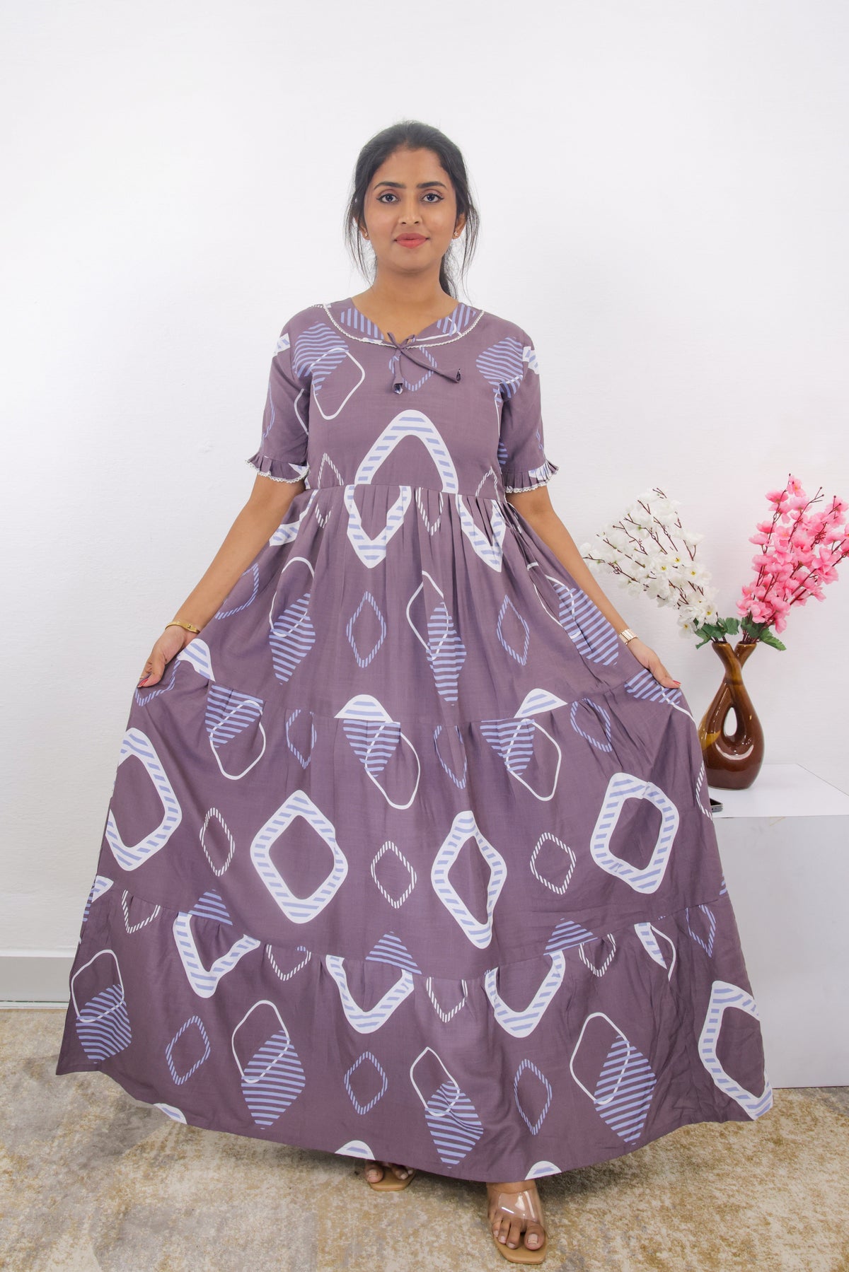 Mangai 3 Layer Frock Model Nighties Soft and Smooth Premium Quality Rayon Material , Fancy Frilled Sleeve, Side Pocket , Back tie Rope , Stylish Collection's for Trendy Women's (MRK)