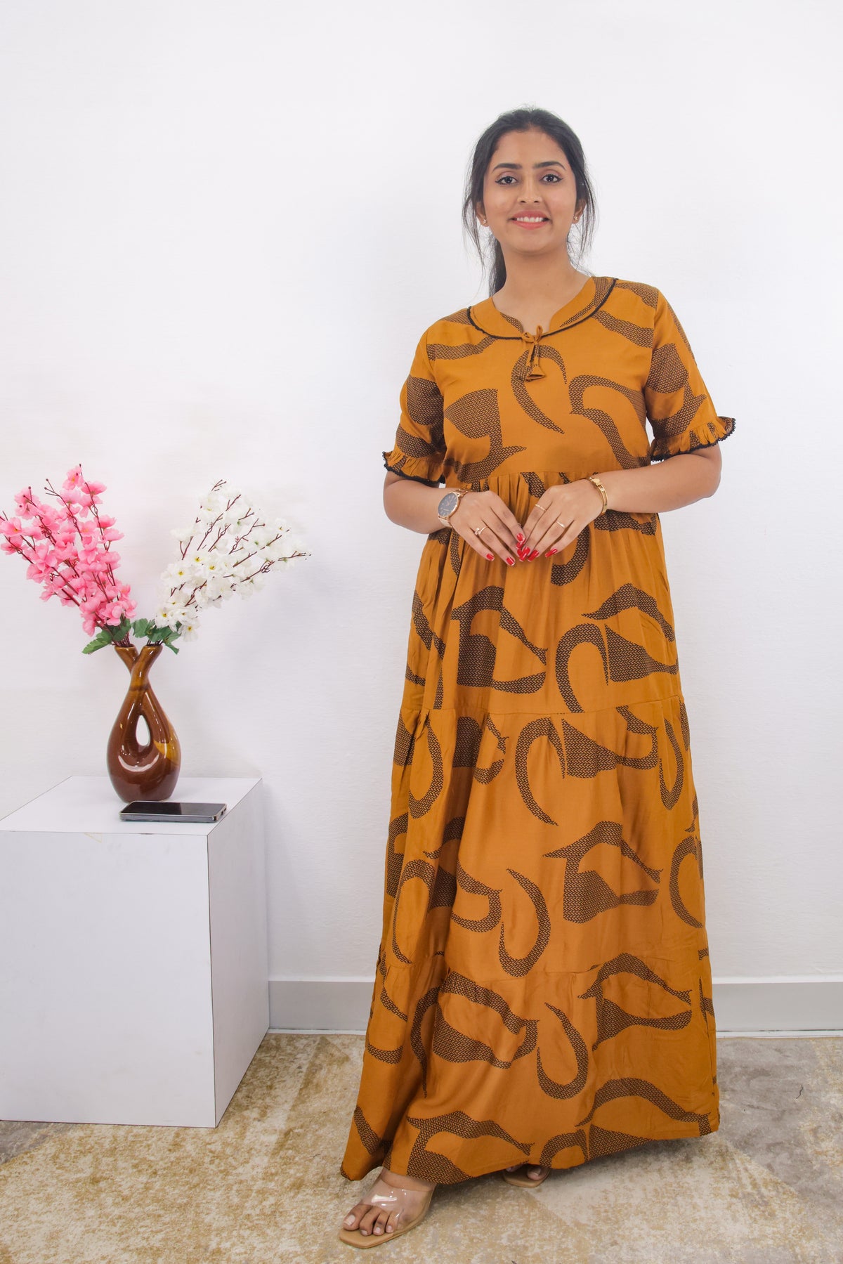 Mangai 3 Layer Frock Model Nighties Soft and Smooth Premium Quality Rayon Material , Fancy Frilled Sleeve, Side Pocket , Back tie Rope , Stylish Collection's for Trendy Women's (MRK)