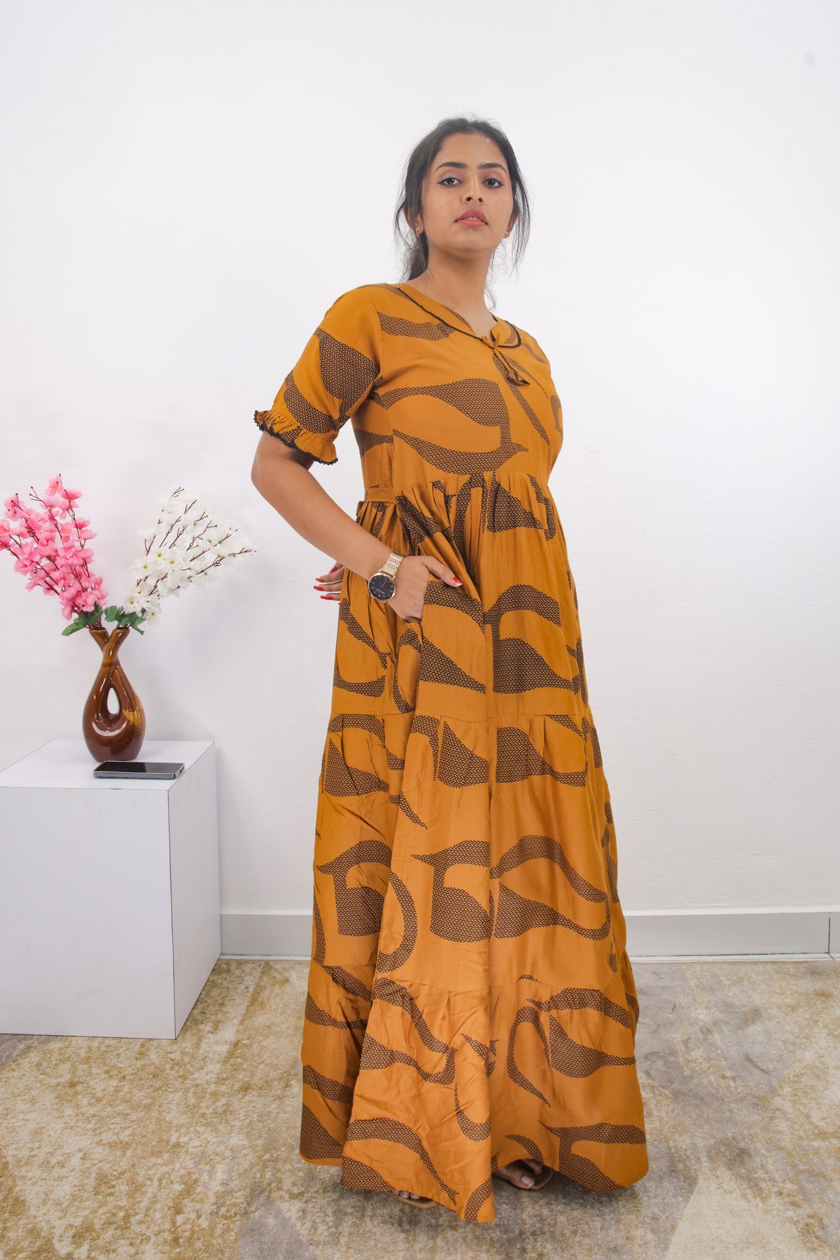 Mangai 3 Layer Frock Model Nighties Soft and Smooth Premium Quality Rayon Material , Fancy Frilled Sleeve, Side Pocket , Back tie Rope , Stylish Collection's for Trendy Women's (MRK)