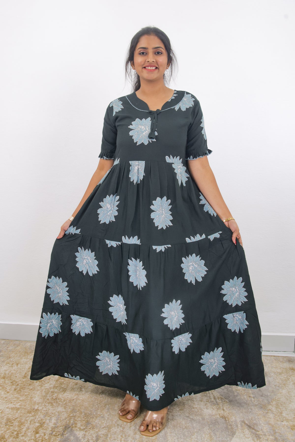 Mangai 3 Layer Frock Model Nighties Soft and Smooth Premium Quality Rayon Material , Fancy Frilled Sleeve, Side Pocket , Back tie Rope , Stylish Collection's for Trendy Women's (MRK)