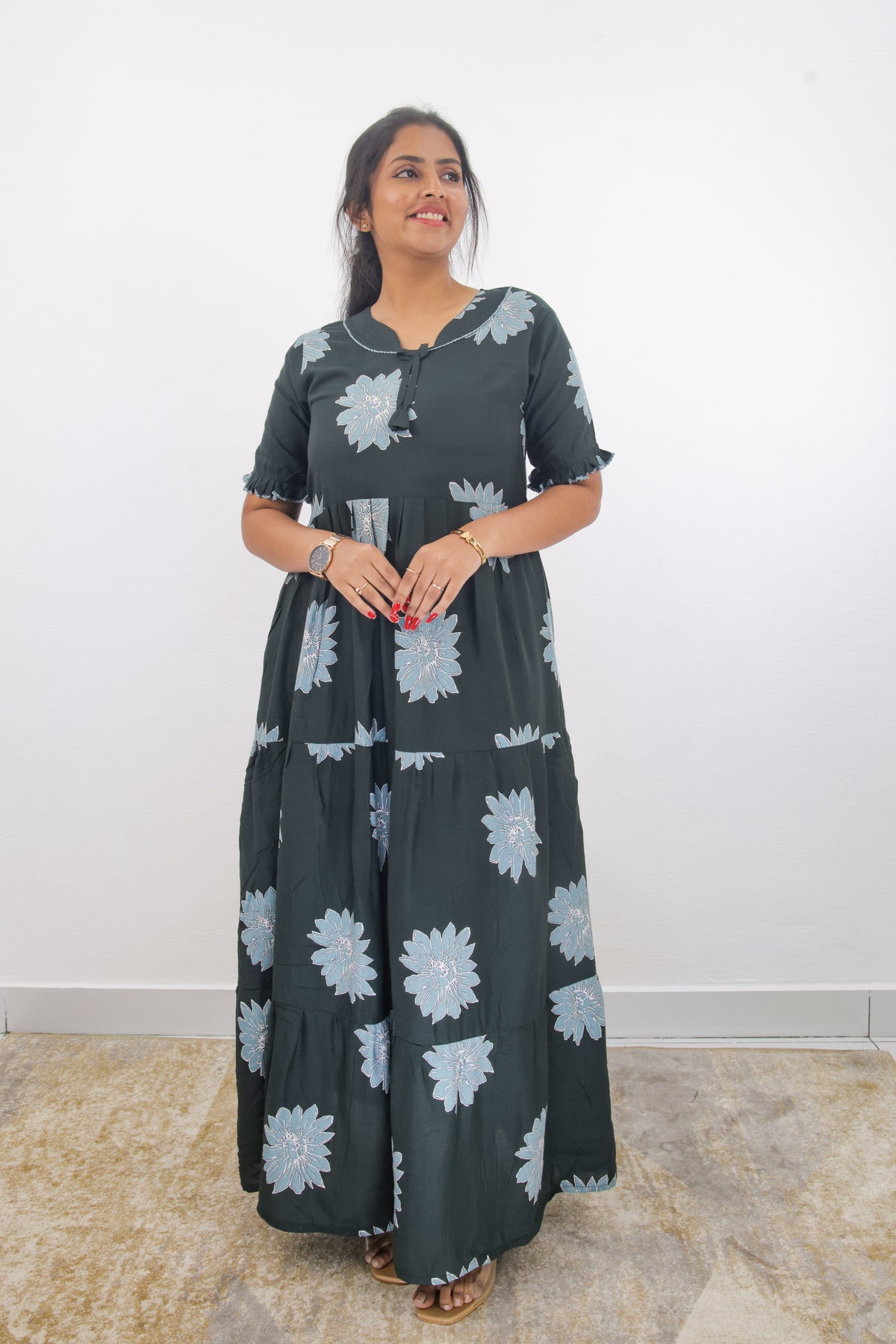 Mangai 3 Layer Frock Model Nighties Soft and Smooth Premium Quality Rayon Material , Fancy Frilled Sleeve, Side Pocket , Back tie Rope , Stylish Collection's for Trendy Women's (MRK)