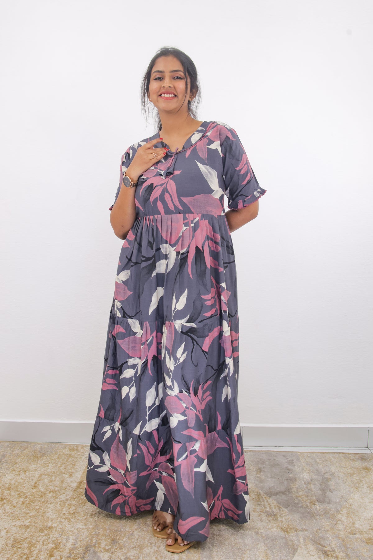 Mangai 3 Layer Frock Model Nighties Soft and Smooth Premium Quality Rayon Material , Fancy Frilled Sleeve, Side Pocket , Back tie Rope , Stylish Collection's for Trendy Women's (MRK)