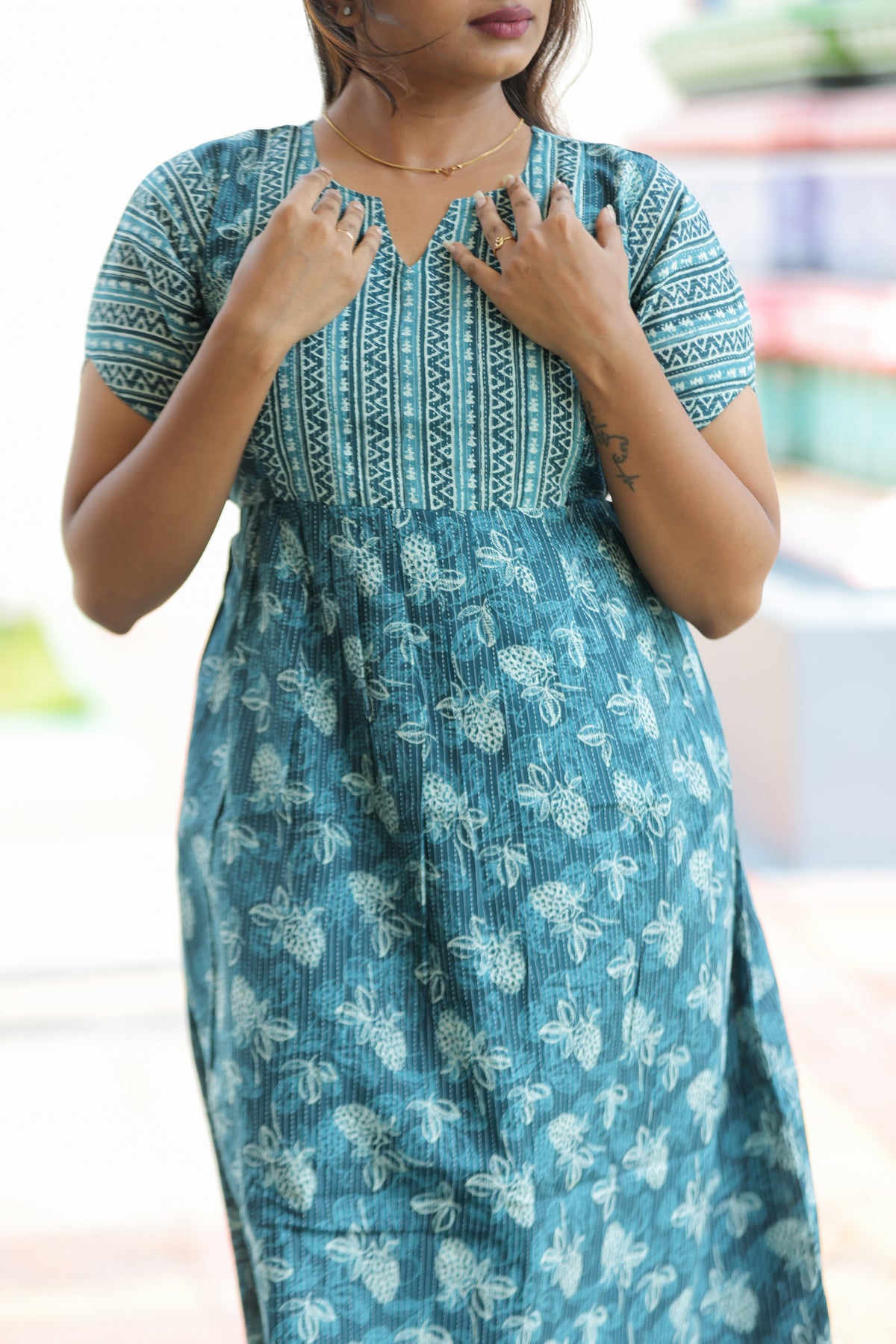 New Katha Printed Stylish Feeding Maxi with Soft Cotton Fabric, V-Cut Neck & Back Tie-Up Rope MAXI Feeding Frock (KFM)