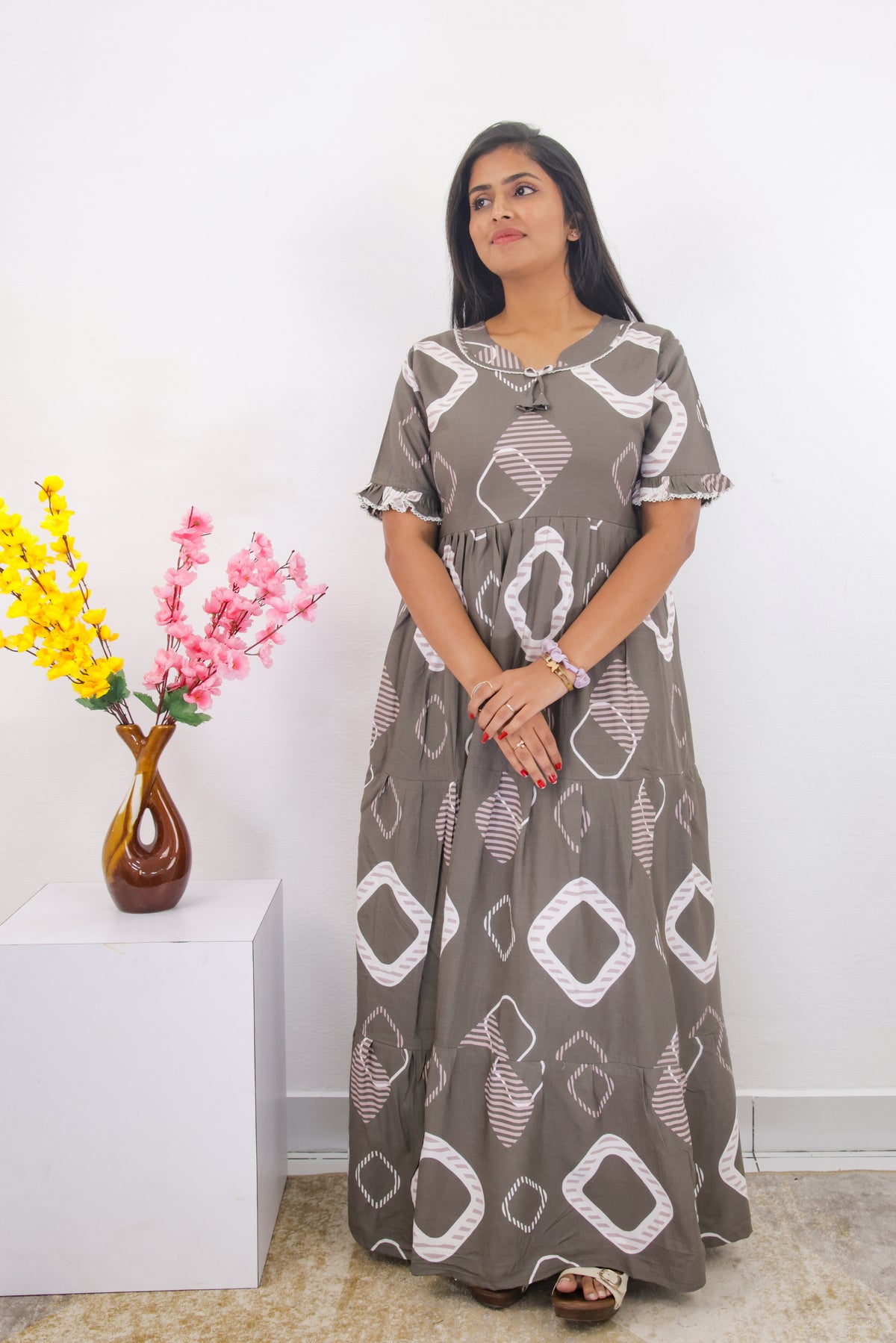 Mangai 3 Layer Frock Model Nighties Soft and Smooth Premium Quality Rayon Material , Fancy Frilled Sleeve, Side Pocket , Back tie Rope , Stylish Collection's for Trendy Women's (MRK)