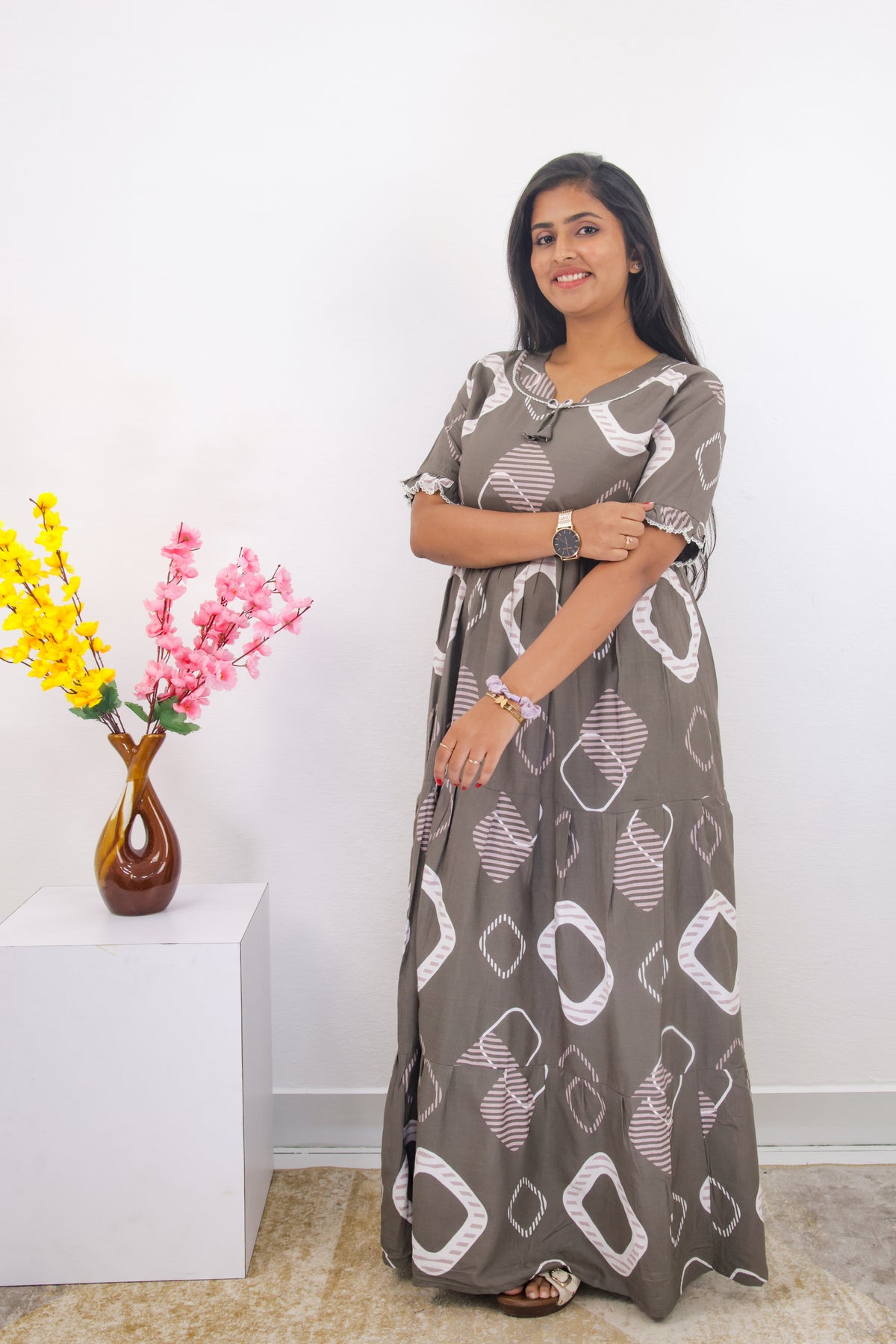 Mangai 3 Layer Frock Model Nighties Soft and Smooth Premium Quality Rayon Material , Fancy Frilled Sleeve, Side Pocket , Back tie Rope , Stylish Collection's for Trendy Women's (MRK)