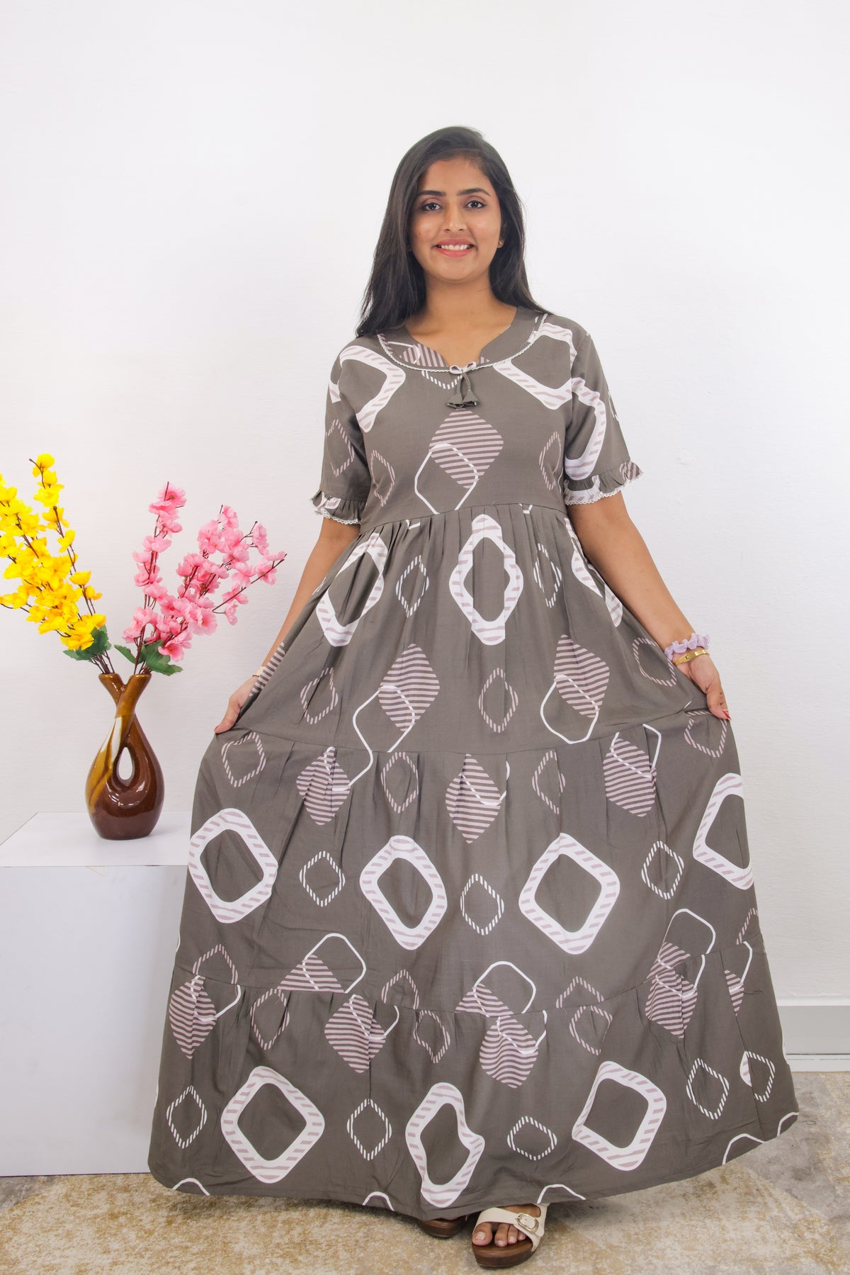 Mangai 3 Layer Frock Model Nighties Soft and Smooth Premium Quality Rayon Material , Fancy Frilled Sleeve, Side Pocket , Back tie Rope , Stylish Collection's for Trendy Women's (MRK)