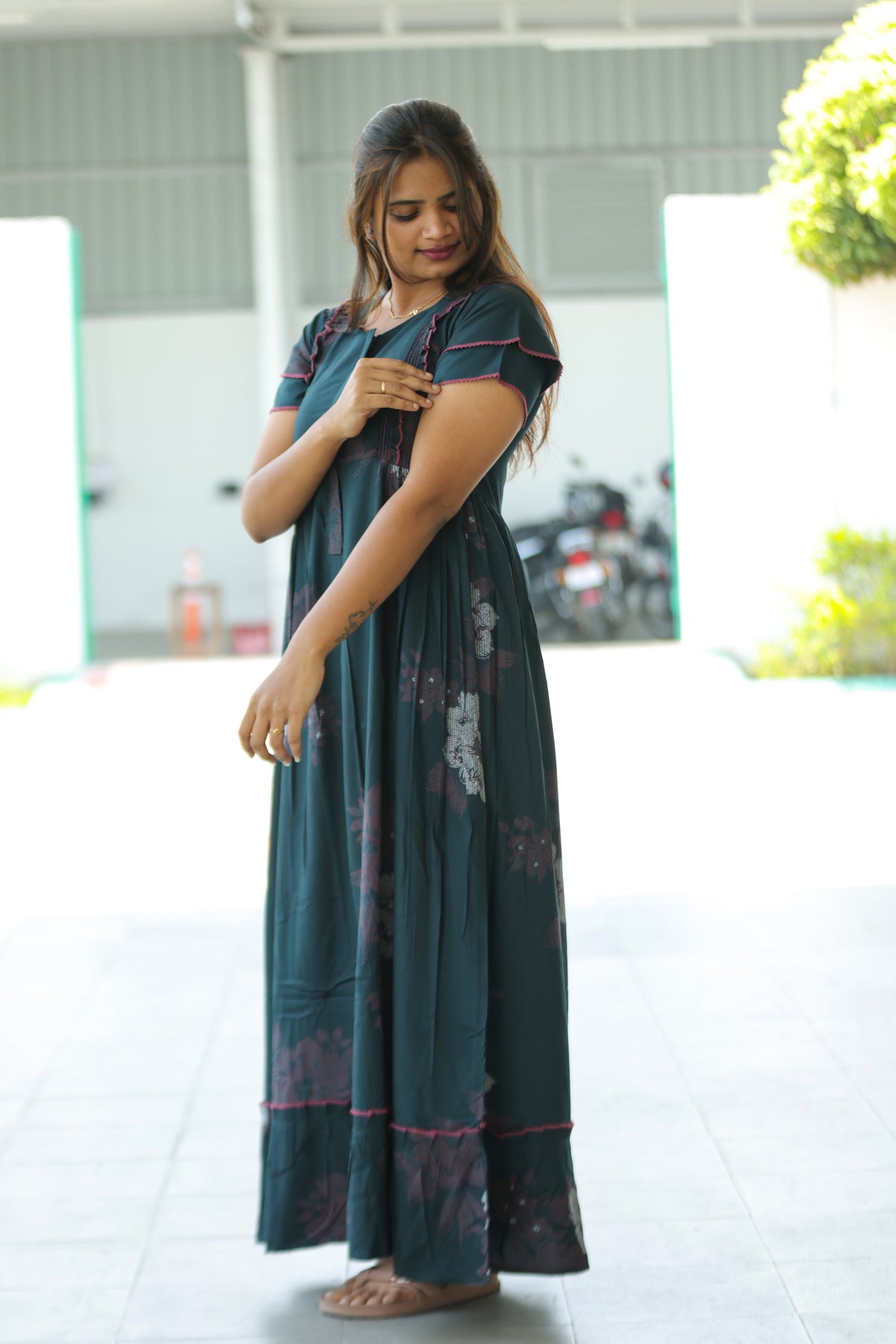 MANGAI Rayon Frock Nighties | Front Open Lengthy Zipper Comforts Feeding | Fancy Double Layered Sleeve's | Post & Pre Pregnancy's and Casual Wear | Side Pocket |Versatile Rayon Frock Night Gown's for Stylish Women's (RFF)