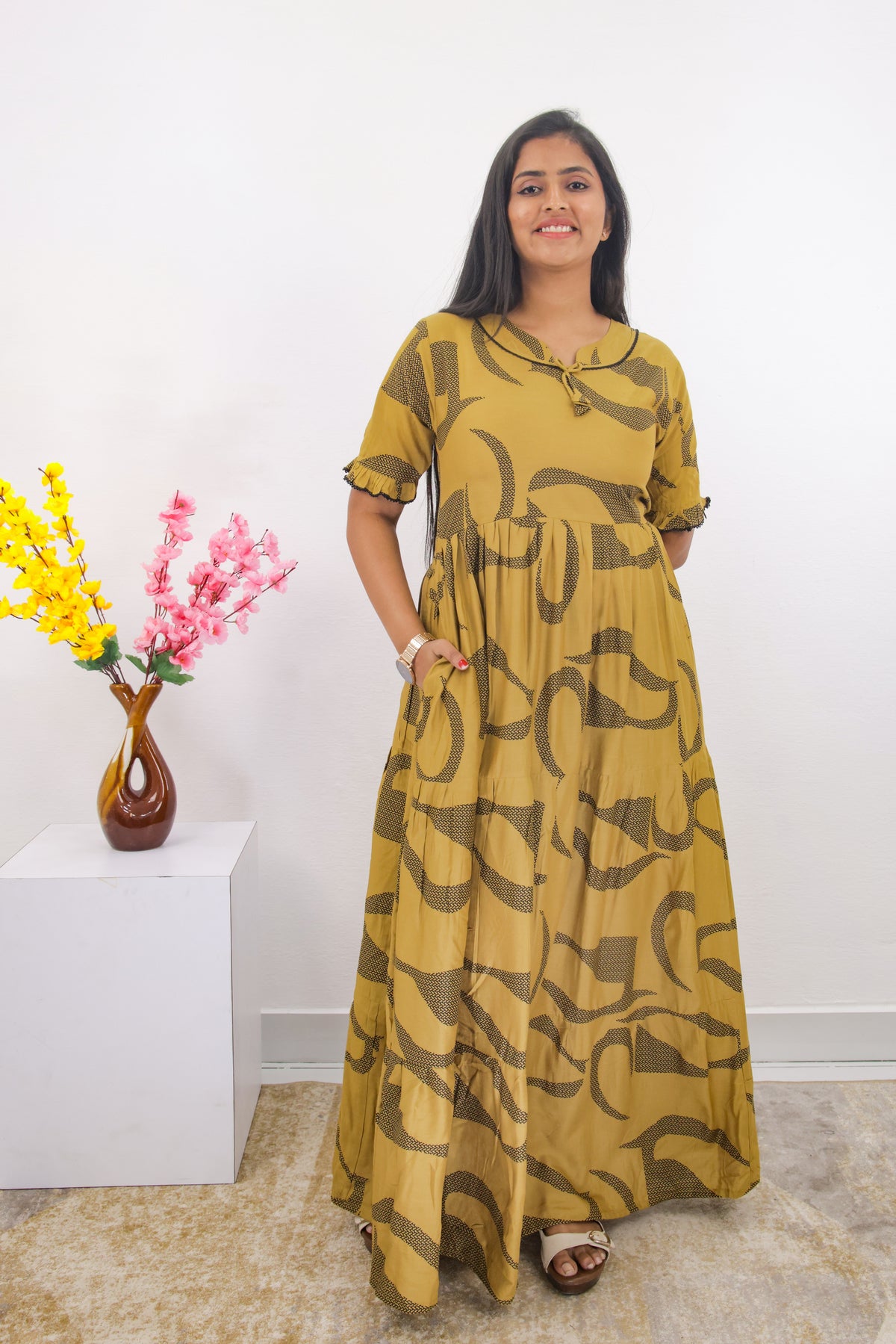 Mangai 3 Layer Frock Model Nighties Soft and Smooth Premium Quality Rayon Material , Fancy Frilled Sleeve, Side Pocket , Back tie Rope , Stylish Collection's for Trendy Women's (MRK)