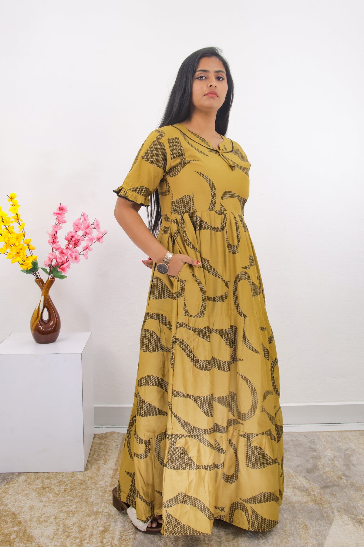 Mangai 3 Layer Frock Model Nighties Soft and Smooth Premium Quality Rayon Material , Fancy Frilled Sleeve, Side Pocket , Back tie Rope , Stylish Collection's for Trendy Women's (MRK)