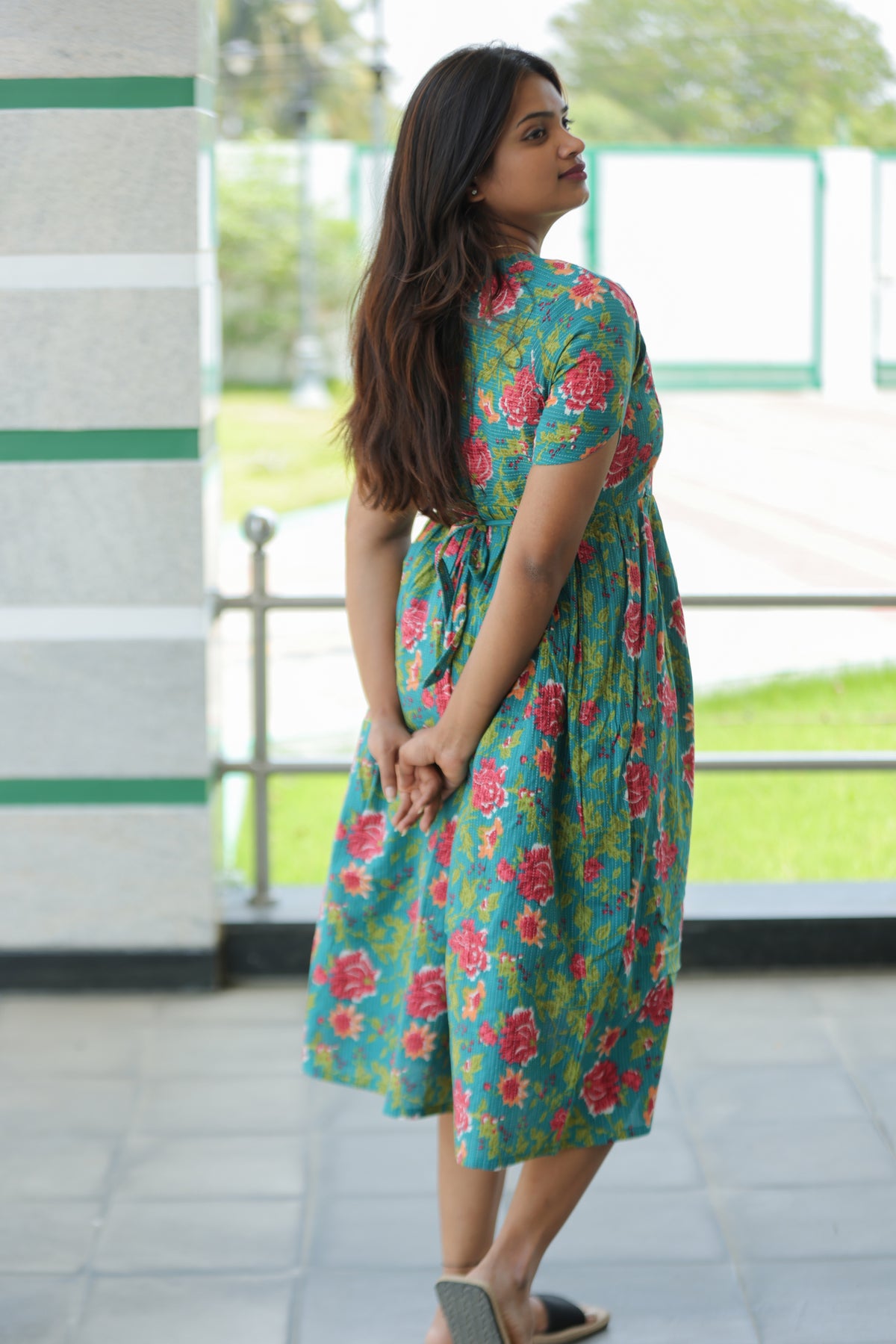 New Katha Printed Stylish Feeding Maxi with Soft Cotton Fabric, V-Cut Neck & Back Tie-Up Rope MAXI Feeding Frock (KFM)