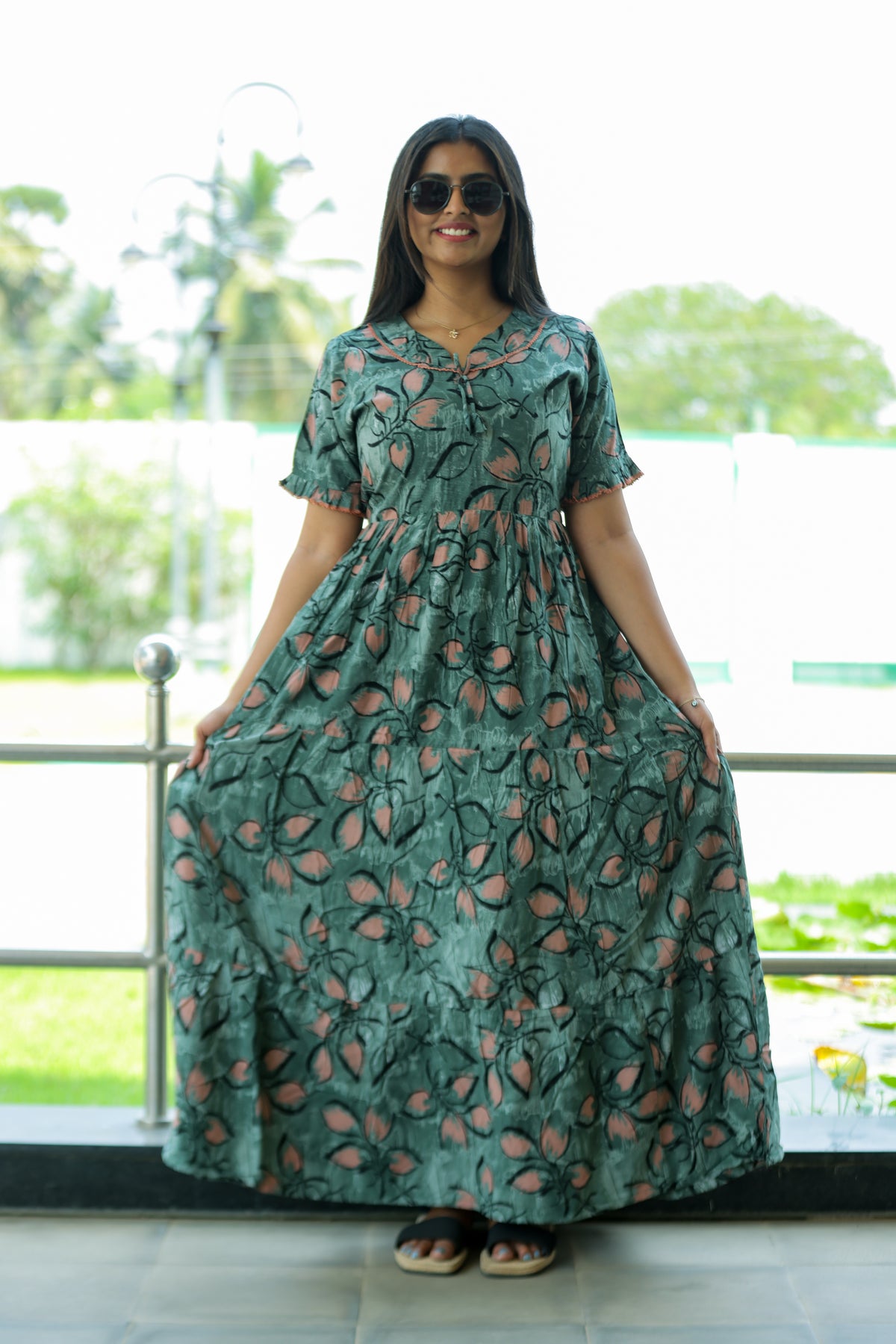 Mangai 3 Layer Flared Frock Model Nighties Soft and Smooth Premium Quality Rayon Material , Fancy Frilled Sleeve, Side Pocket , Back tie Rope , Stylish Collection's for Trendy Women's (MRK)